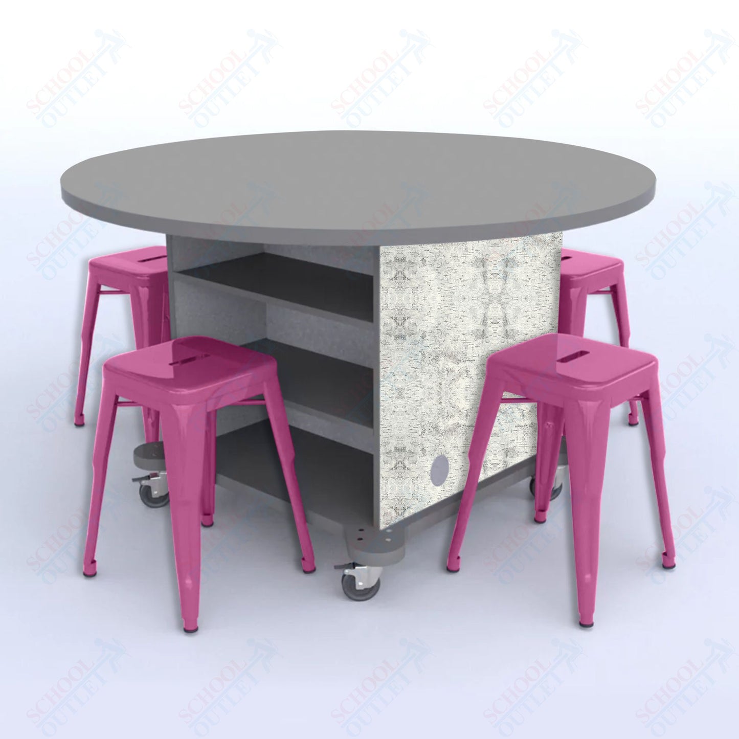 CEF Creation Cube Double-Sided Storage Table - 30"H, High-Pressure Laminate Base and Round Top - 4 Metal Stools Included