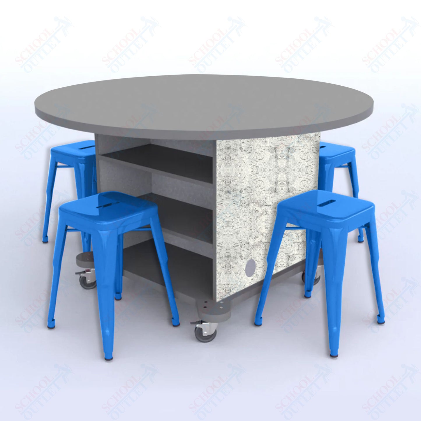 CEF Creation Cube Double-Sided Storage Table - 30"H, High-Pressure Laminate Base and Round Top - 4 Metal Stools Included