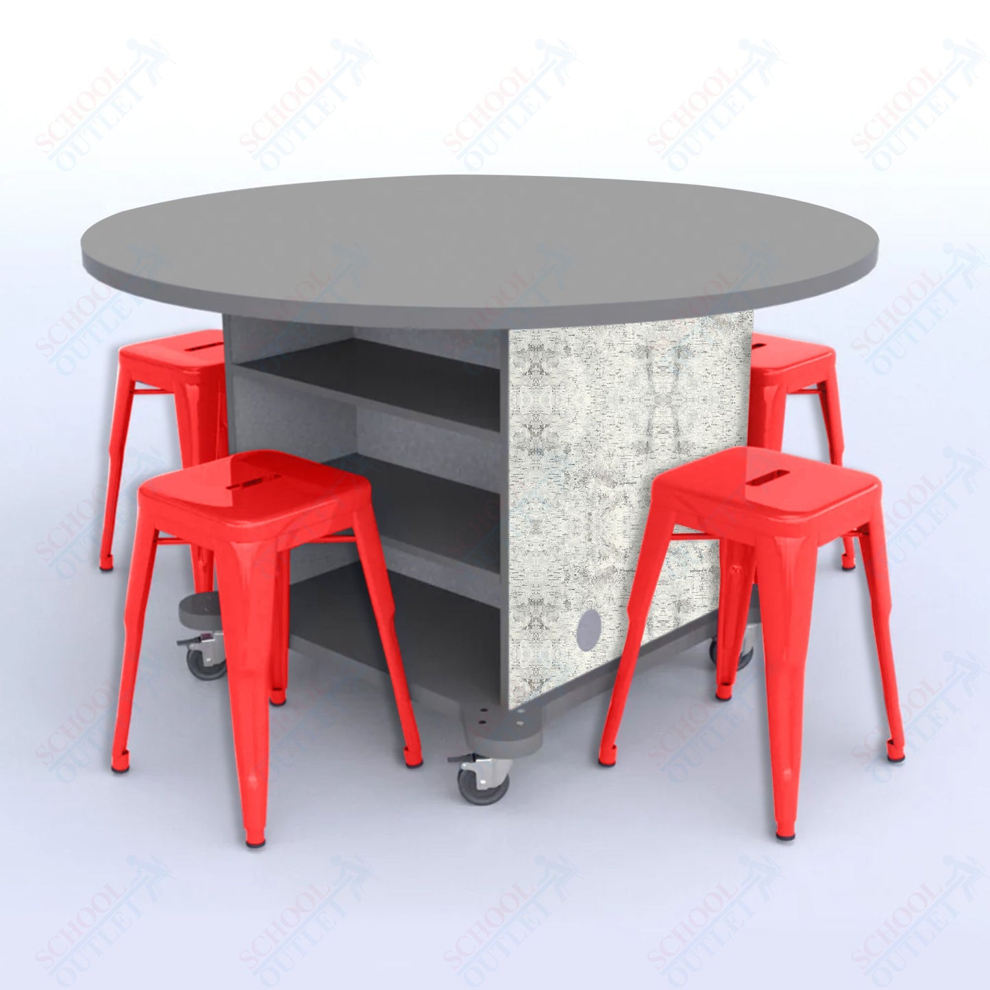 CEF Creation Cube Double-Sided Storage Table - 30"H, High-Pressure Laminate Base and Round Top - 4 Metal Stools Included
