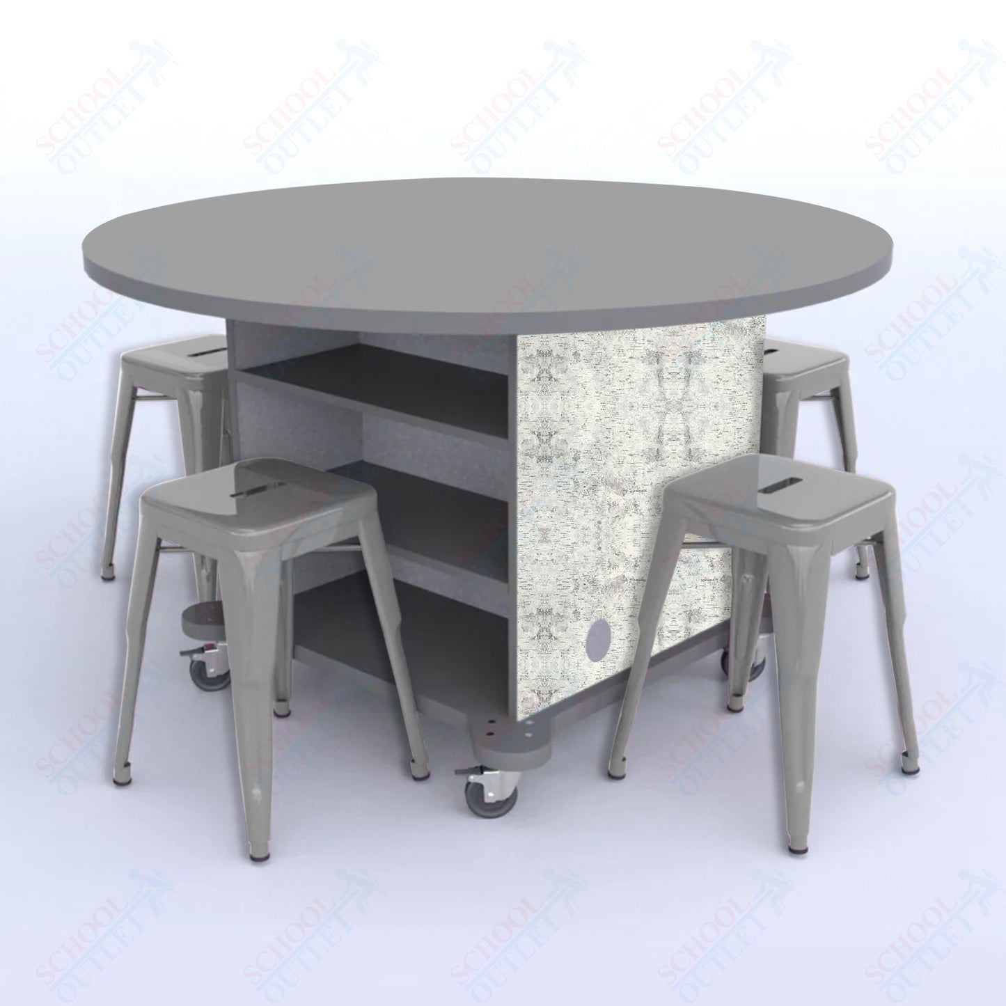 CEF Creation Cube Double-Sided Storage Table - 30"H, High-Pressure Laminate Base and Round Top - 4 Metal Stools Included