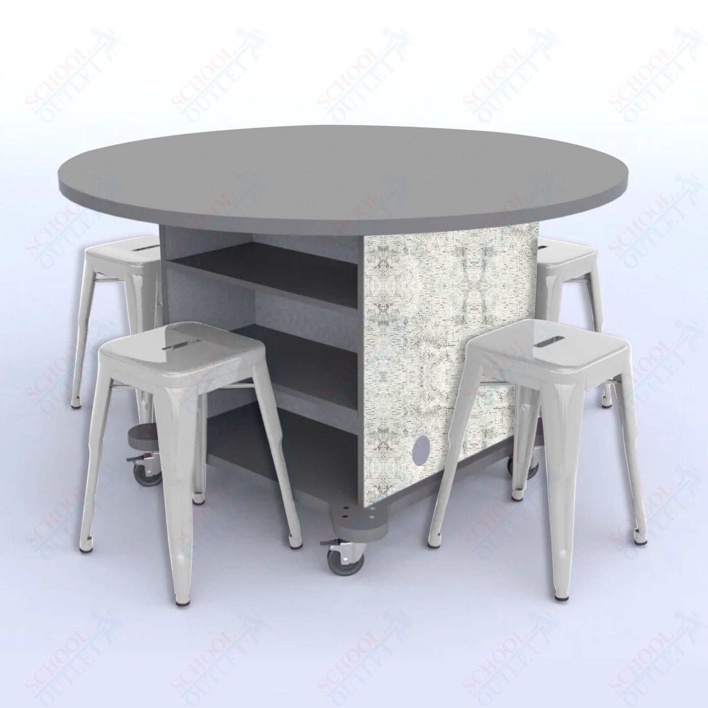 CEF Creation Cube Double-Sided Storage Table - 30"H, High-Pressure Laminate Base and Round Top - 4 Metal Stools Included