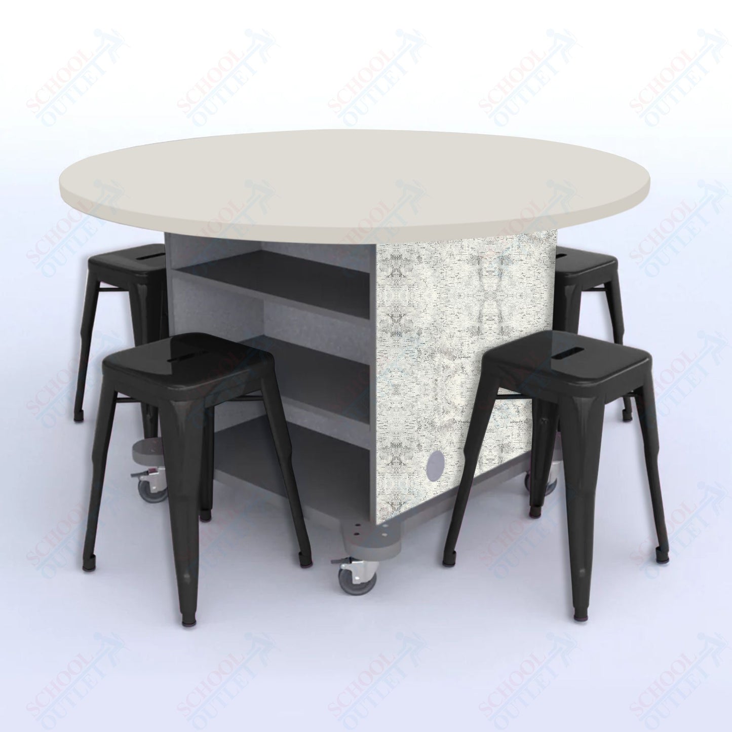CEF Creation Cube Double-Sided Storage Table - 30"H, High-Pressure Laminate Base and Round Top - 4 Metal Stools Included