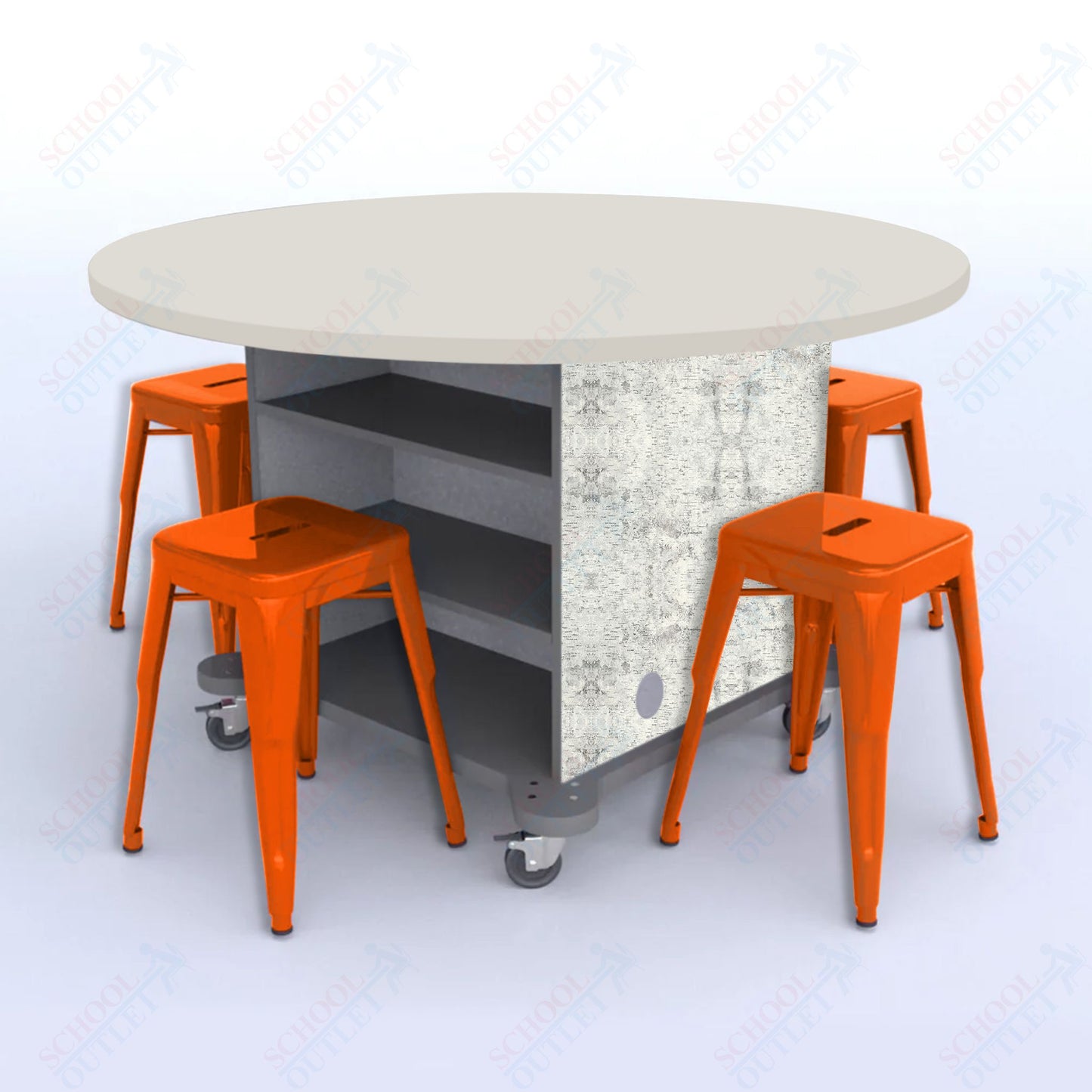 CEF Creation Cube Double-Sided Storage Table - 30"H, High-Pressure Laminate Base and Round Top - 4 Metal Stools Included