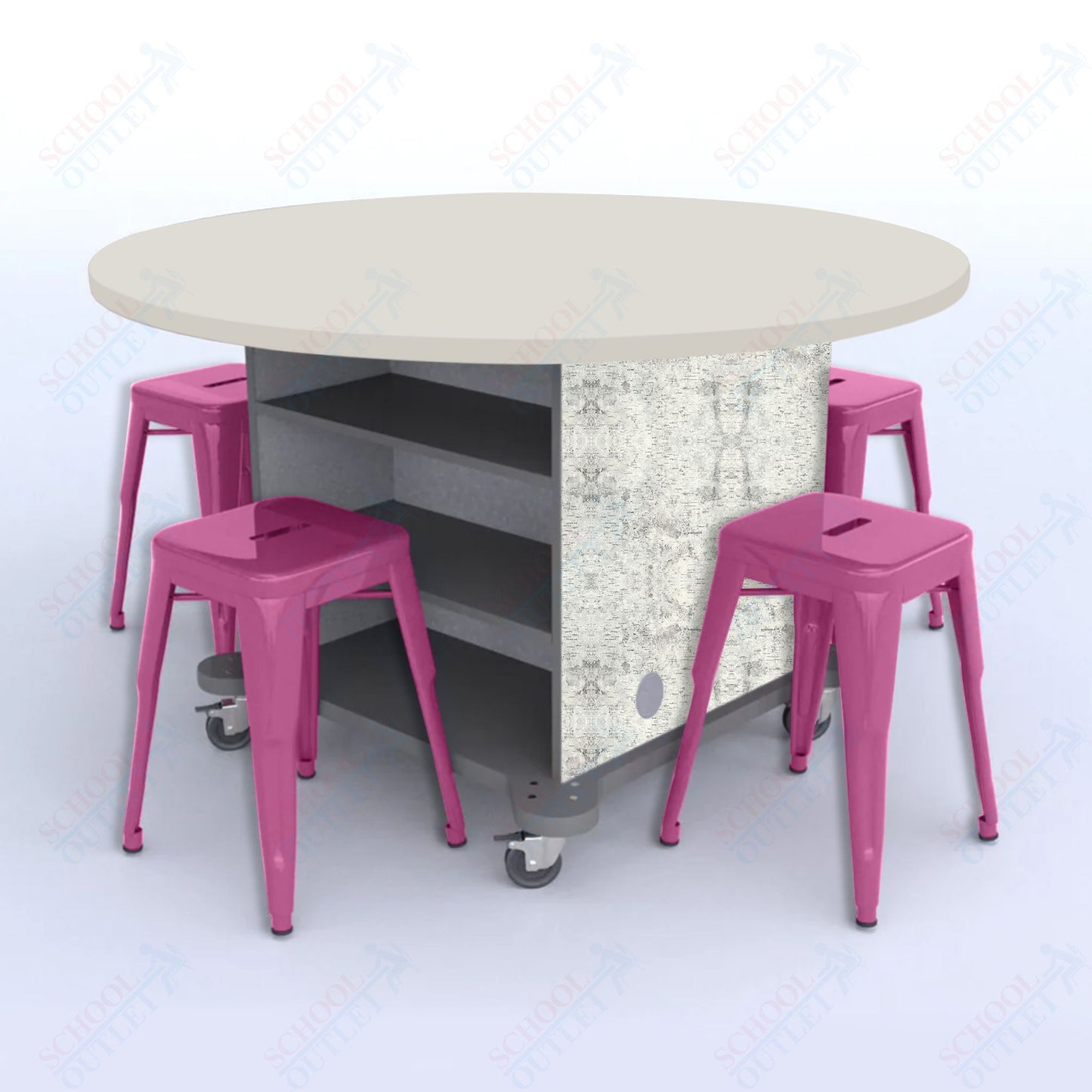 CEF Creation Cube Double-Sided Storage Table - 30"H, High-Pressure Laminate Base and Round Top - 4 Metal Stools Included