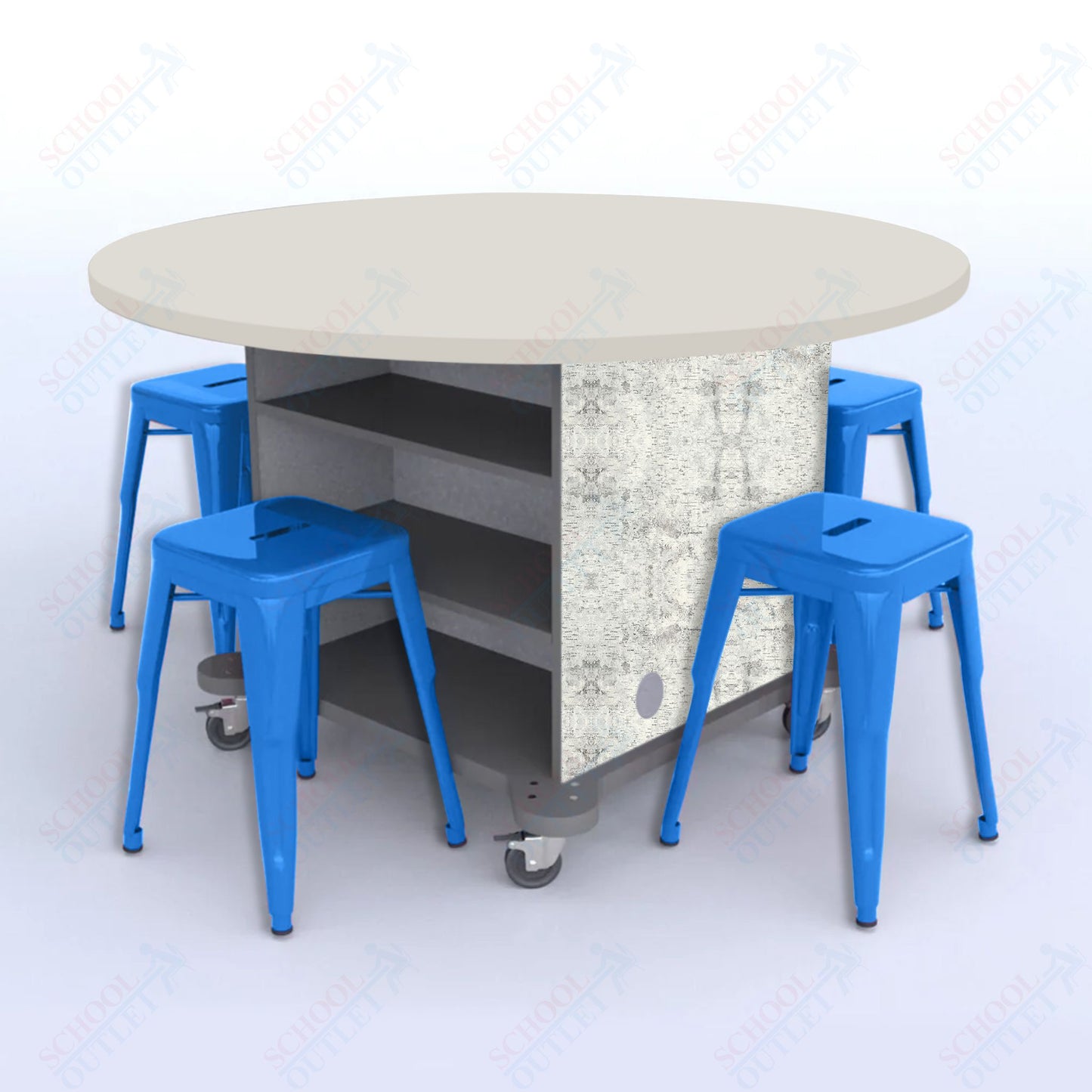 CEF Creation Cube Double-Sided Storage Table - 30"H, High-Pressure Laminate Base and Round Top - 4 Metal Stools Included