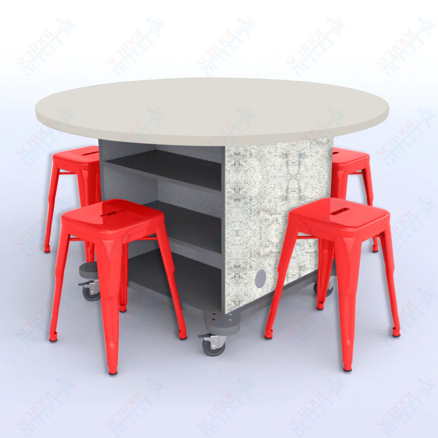 CEF Creation Cube Double-Sided Storage Table - 30"H, High-Pressure Laminate Base and Round Top - 4 Metal Stools Included