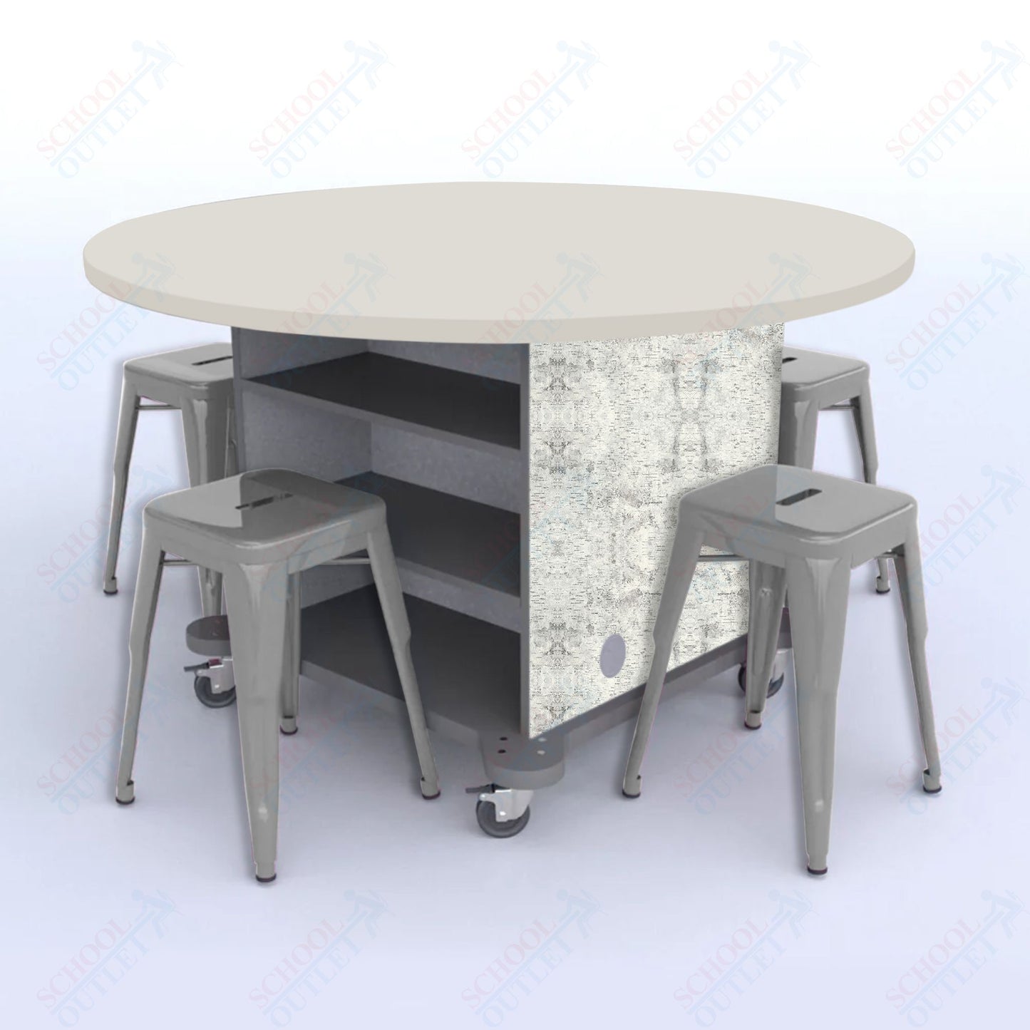 CEF Creation Cube Double-Sided Storage Table - 30"H, High-Pressure Laminate Base and Round Top - 4 Metal Stools Included