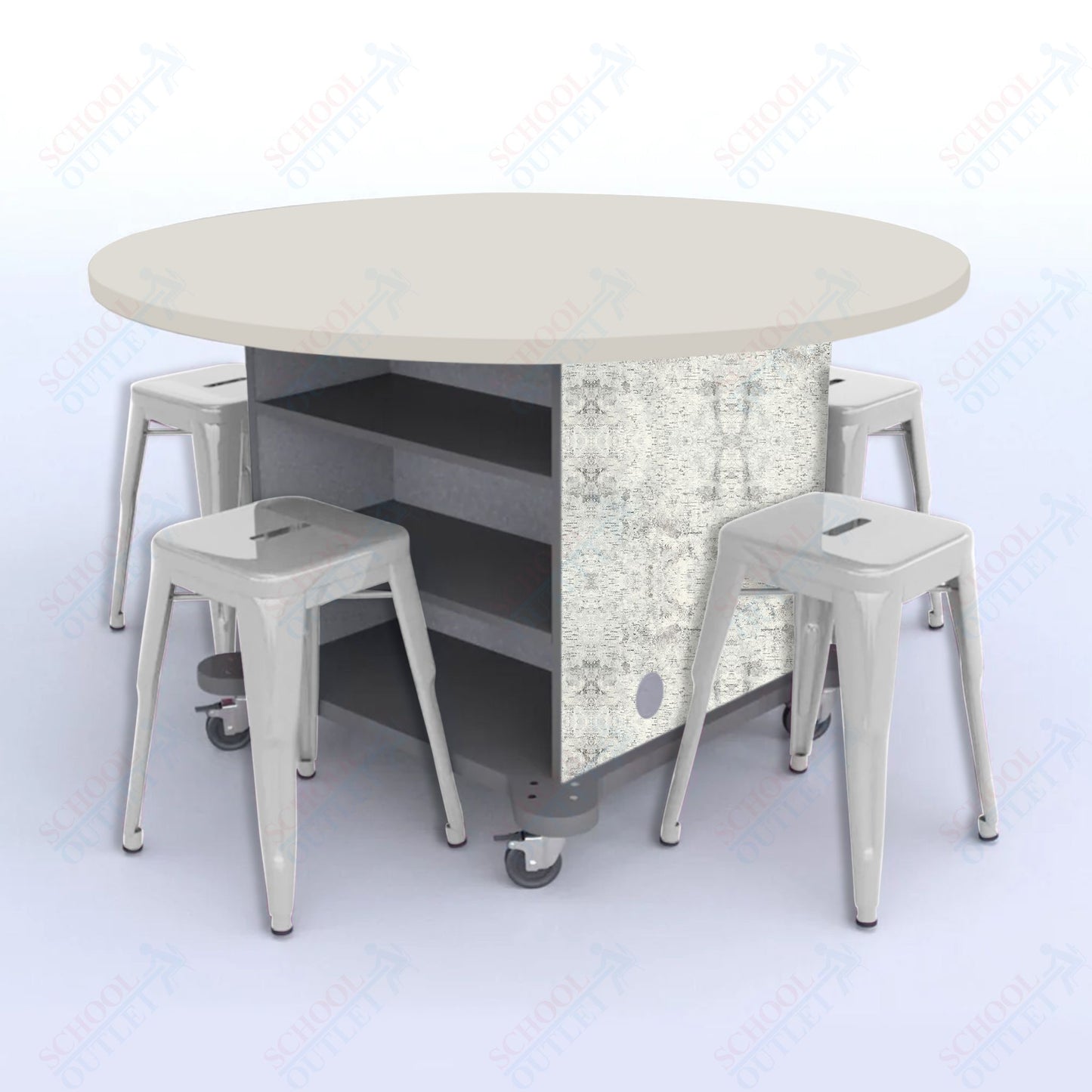 CEF Creation Cube Double-Sided Storage Table - 30"H, High-Pressure Laminate Base and Round Top - 4 Metal Stools Included