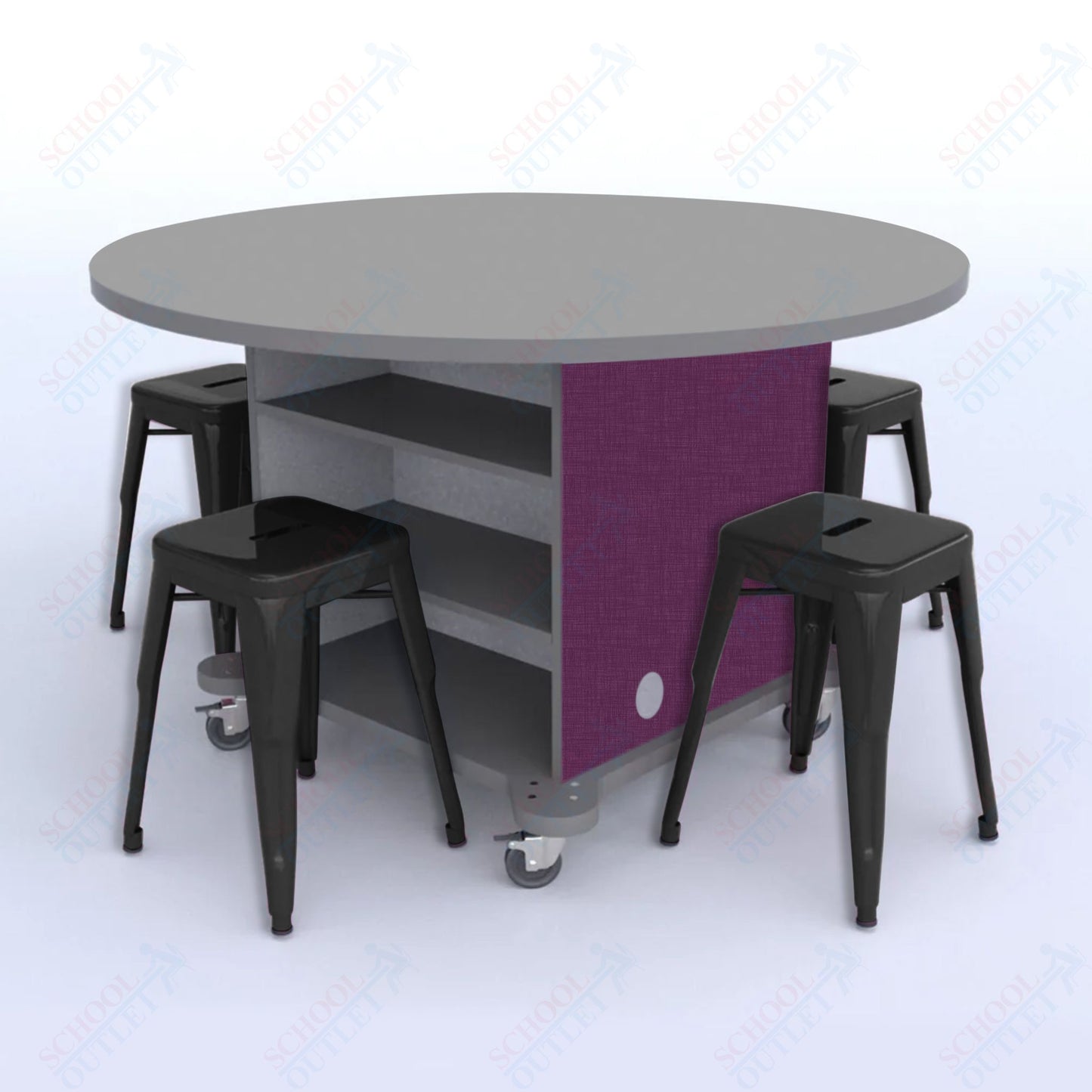 CEF Creation Cube Double-Sided Storage Table - 30"H, High-Pressure Laminate Base and Round Top - 4 Metal Stools Included