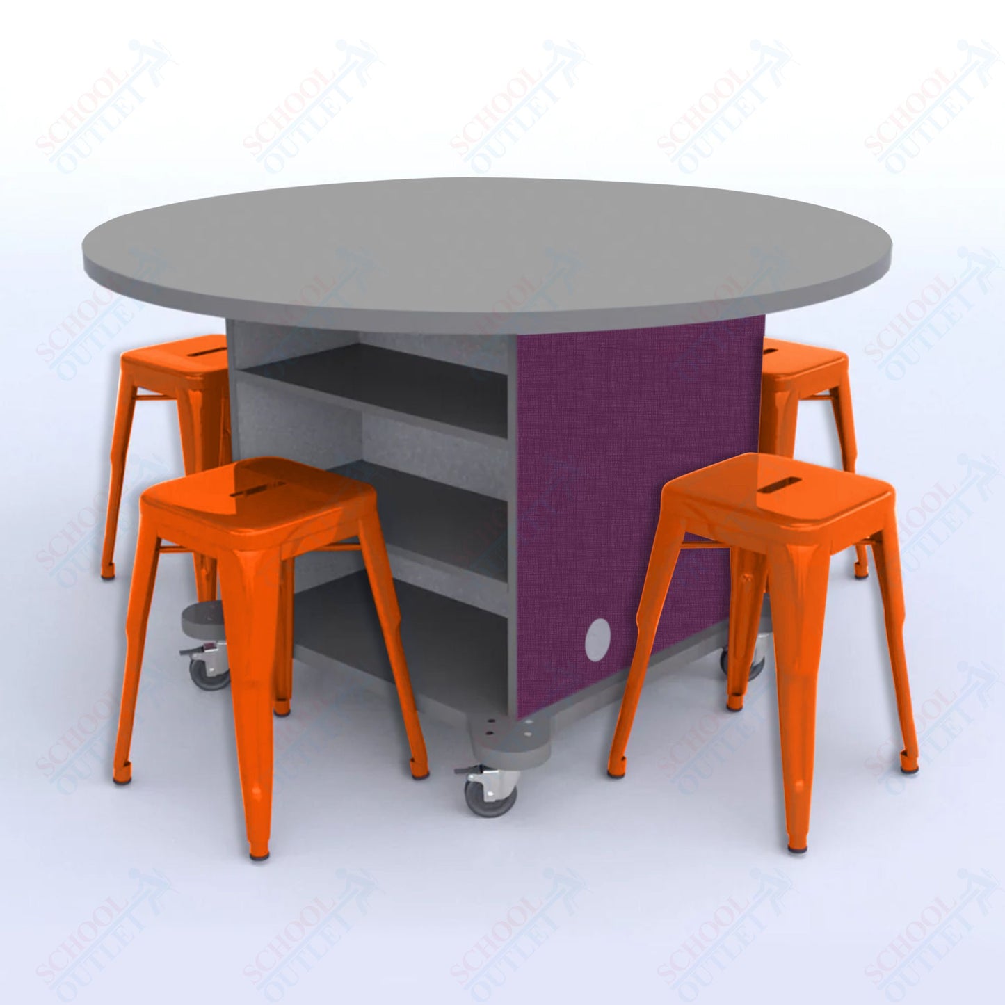 CEF Creation Cube Double-Sided Storage Table - 30"H, High-Pressure Laminate Base and Round Top - 4 Metal Stools Included