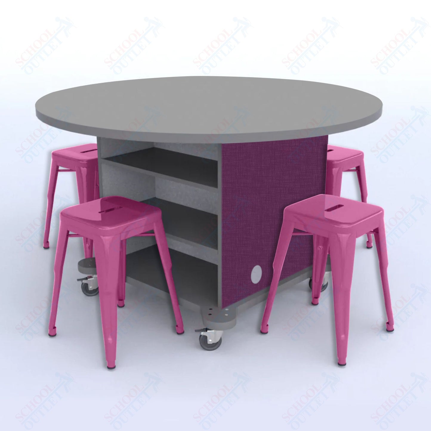 CEF Creation Cube Double-Sided Storage Table - 30"H, High-Pressure Laminate Base and Round Top - 4 Metal Stools Included