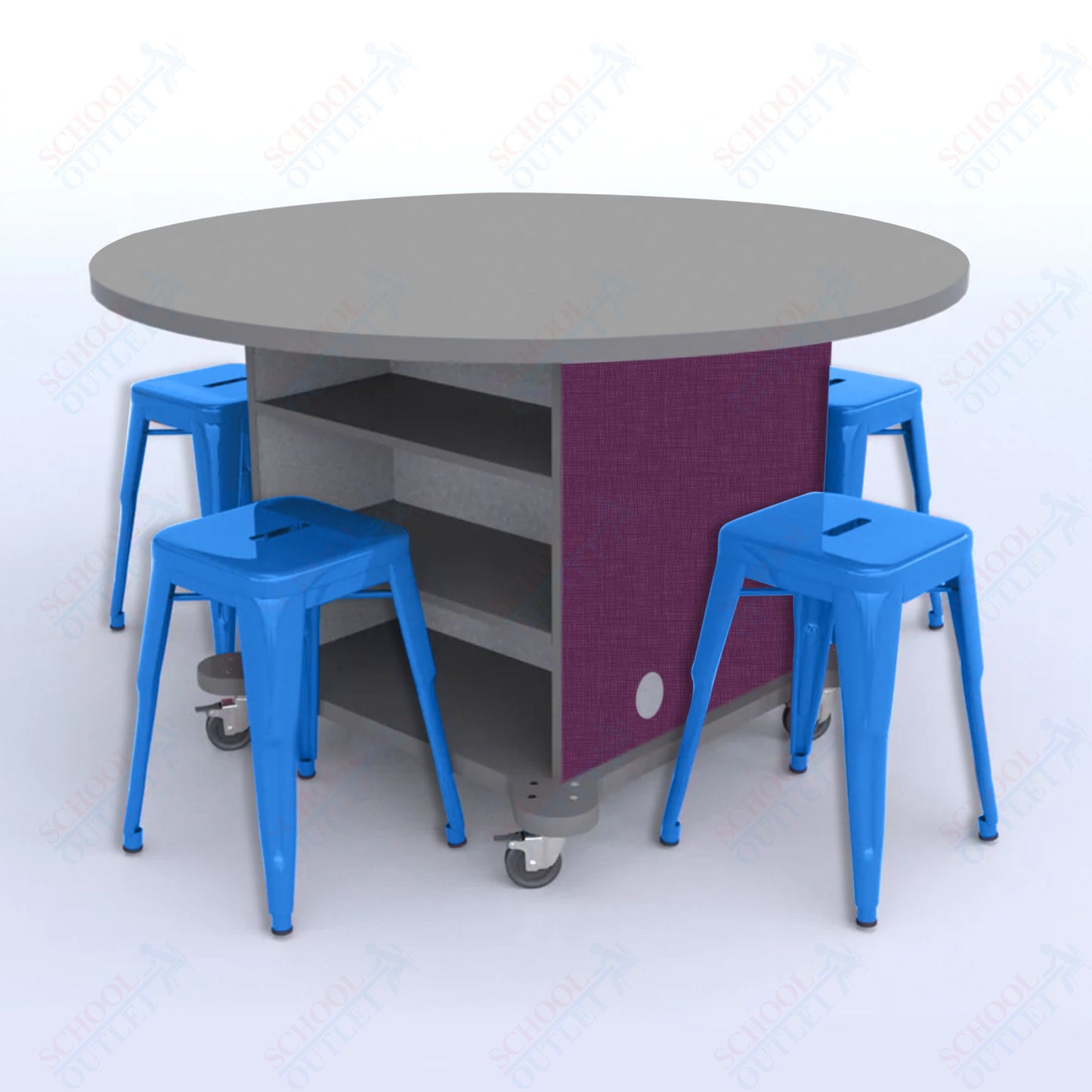 CEF Creation Cube Double-Sided Storage Table - 30"H, High-Pressure Laminate Base and Round Top - 4 Metal Stools Included