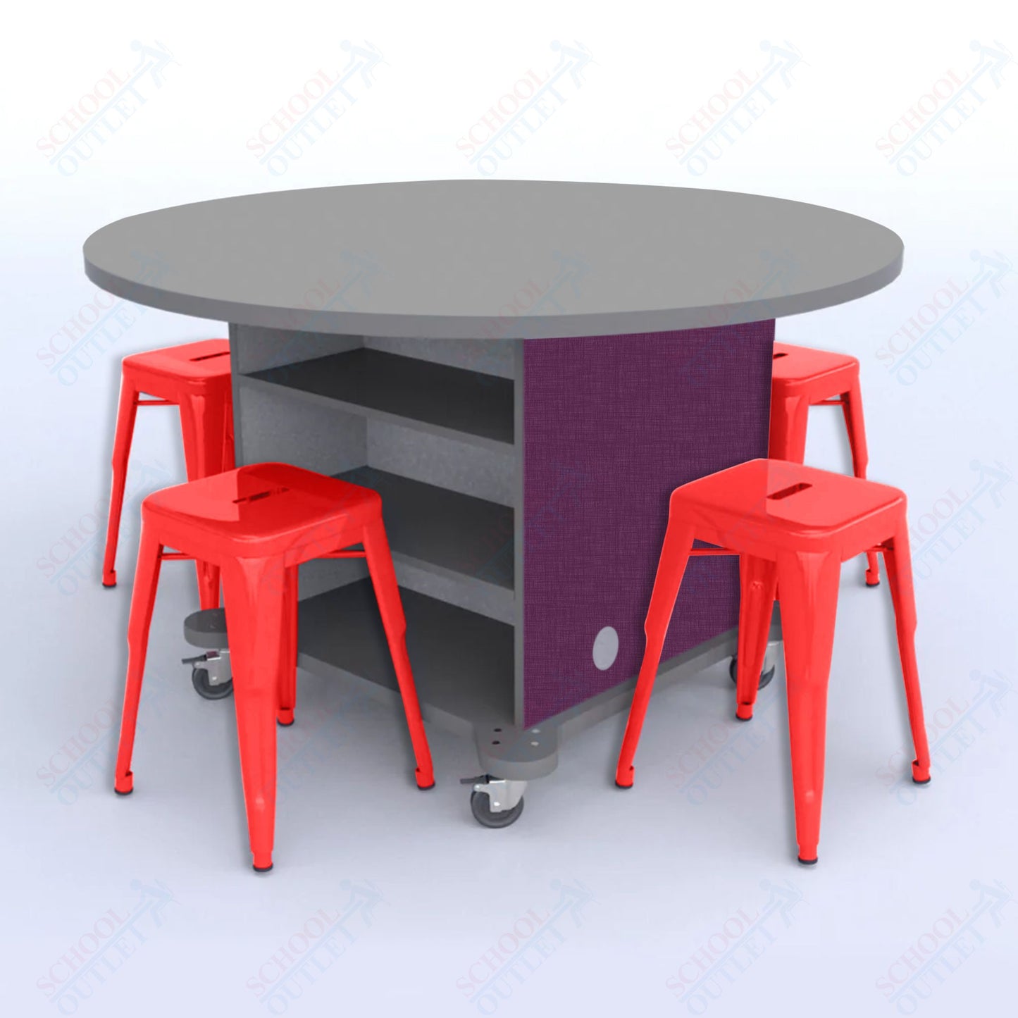 CEF Creation Cube Double-Sided Storage Table - 30"H, High-Pressure Laminate Base and Round Top - 4 Metal Stools Included