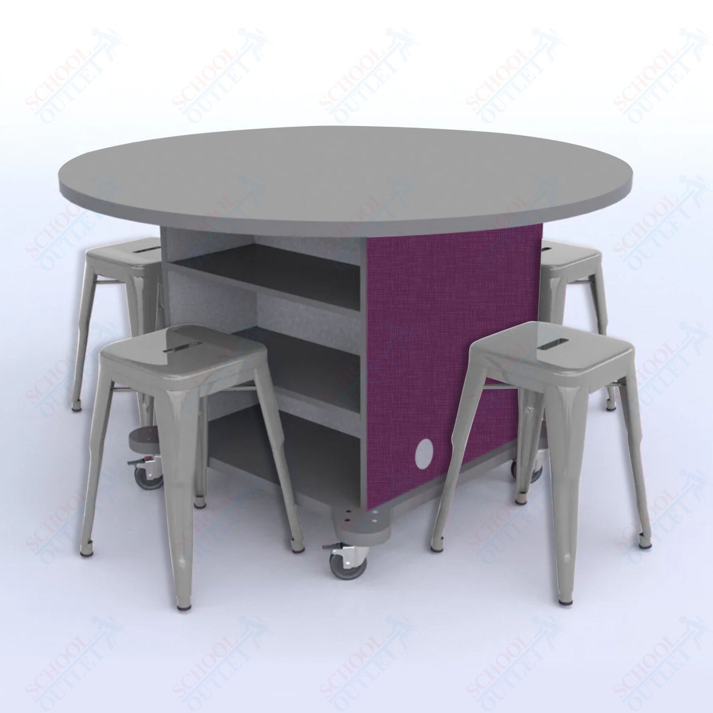 CEF Creation Cube Double-Sided Storage Table - 30"H, High-Pressure Laminate Base and Round Top - 4 Metal Stools Included