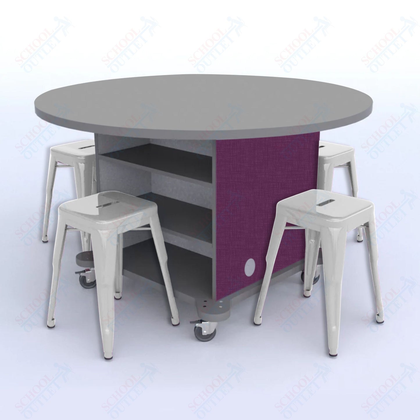 CEF Creation Cube Double-Sided Storage Table - 30"H, High-Pressure Laminate Base and Round Top - 4 Metal Stools Included