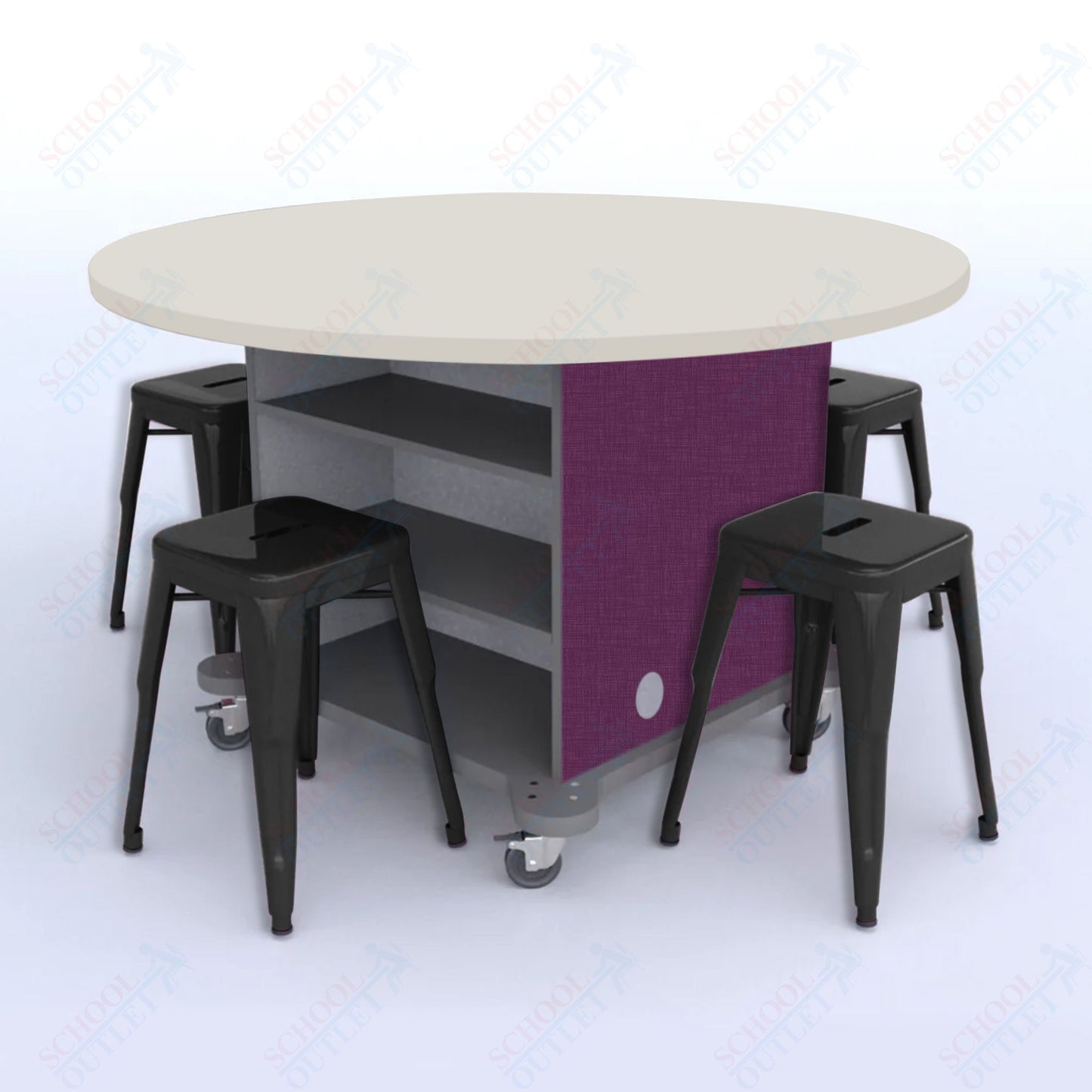 CEF Creation Cube Double-Sided Storage Table - 30"H, High-Pressure Laminate Base and Round Top - 4 Metal Stools Included