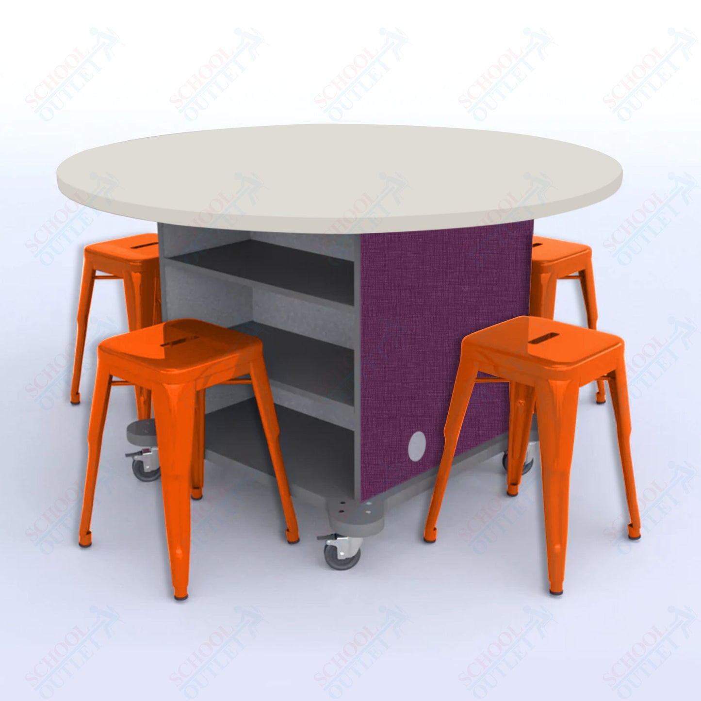 CEF Creation Cube Double-Sided Storage Table - 30"H, High-Pressure Laminate Base and Round Top - 4 Metal Stools Included