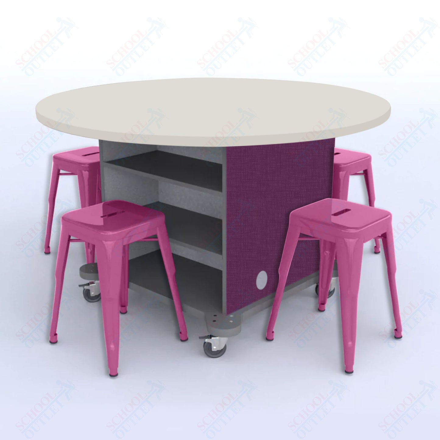 CEF Creation Cube Double-Sided Storage Table - 30"H, High-Pressure Laminate Base and Round Top - 4 Metal Stools Included