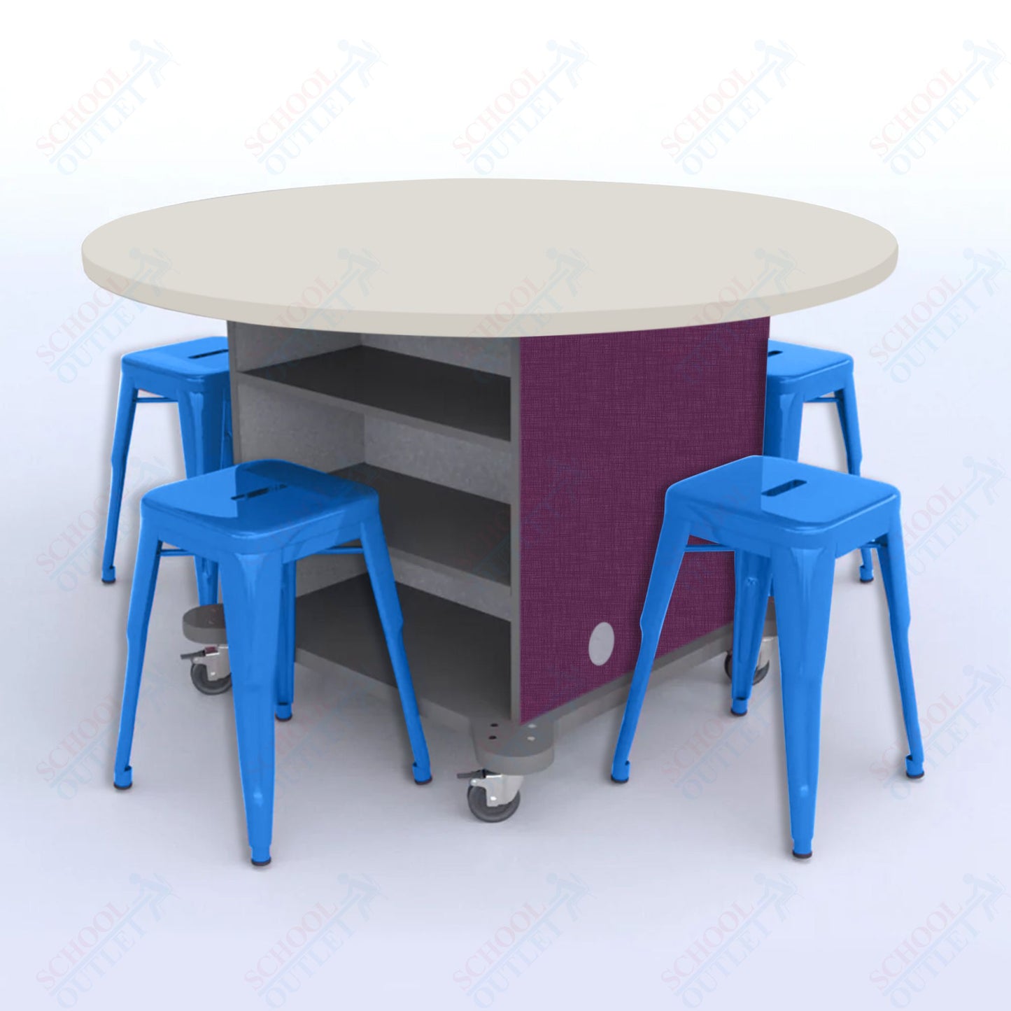 CEF Creation Cube Double-Sided Storage Table - 30"H, High-Pressure Laminate Base and Round Top - 4 Metal Stools Included