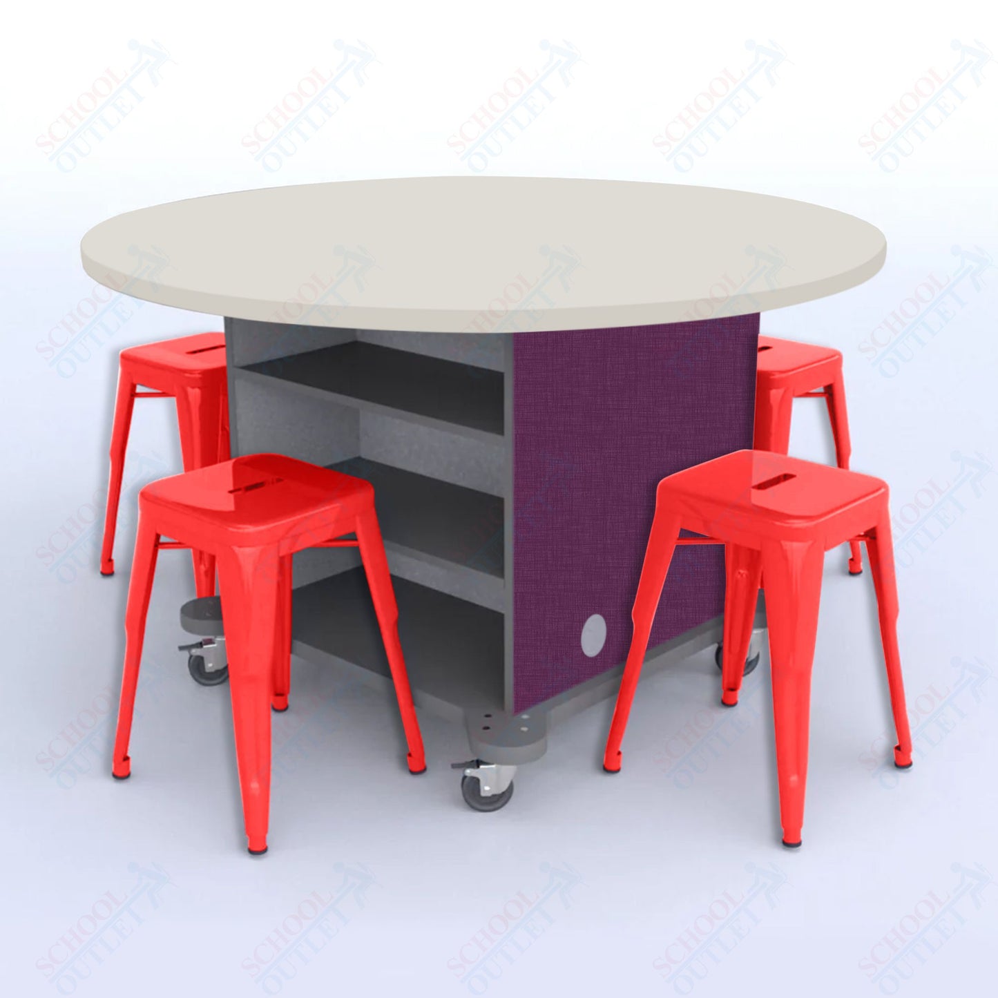 CEF Creation Cube Double-Sided Storage Table - 30"H, High-Pressure Laminate Base and Round Top - 4 Metal Stools Included