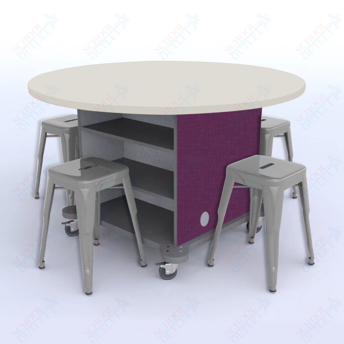 CEF Creation Cube Double-Sided Storage Table - 30"H, High-Pressure Laminate Base and Round Top - 4 Metal Stools Included