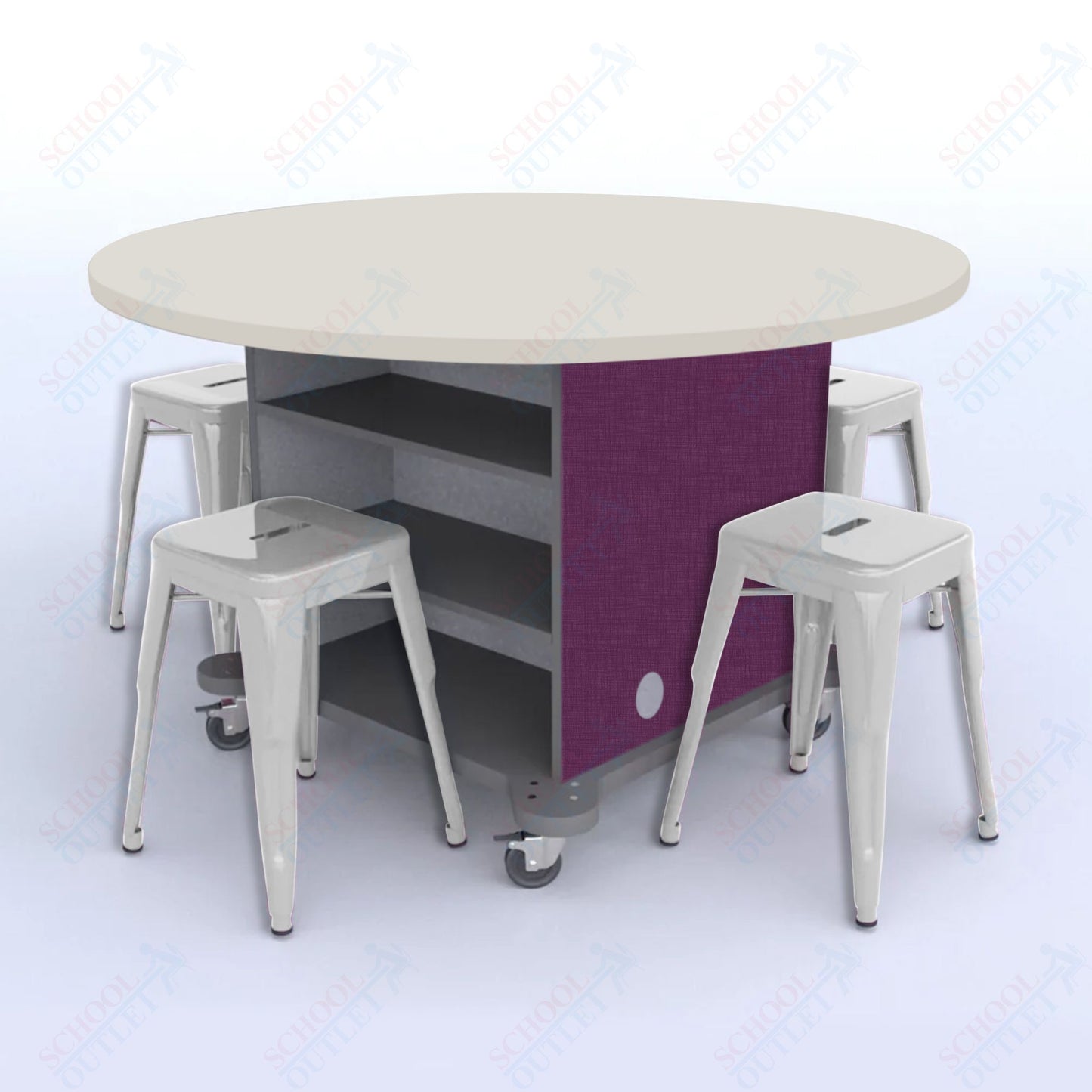CEF Creation Cube Double-Sided Storage Table - 30"H, High-Pressure Laminate Base and Round Top - 4 Metal Stools Included
