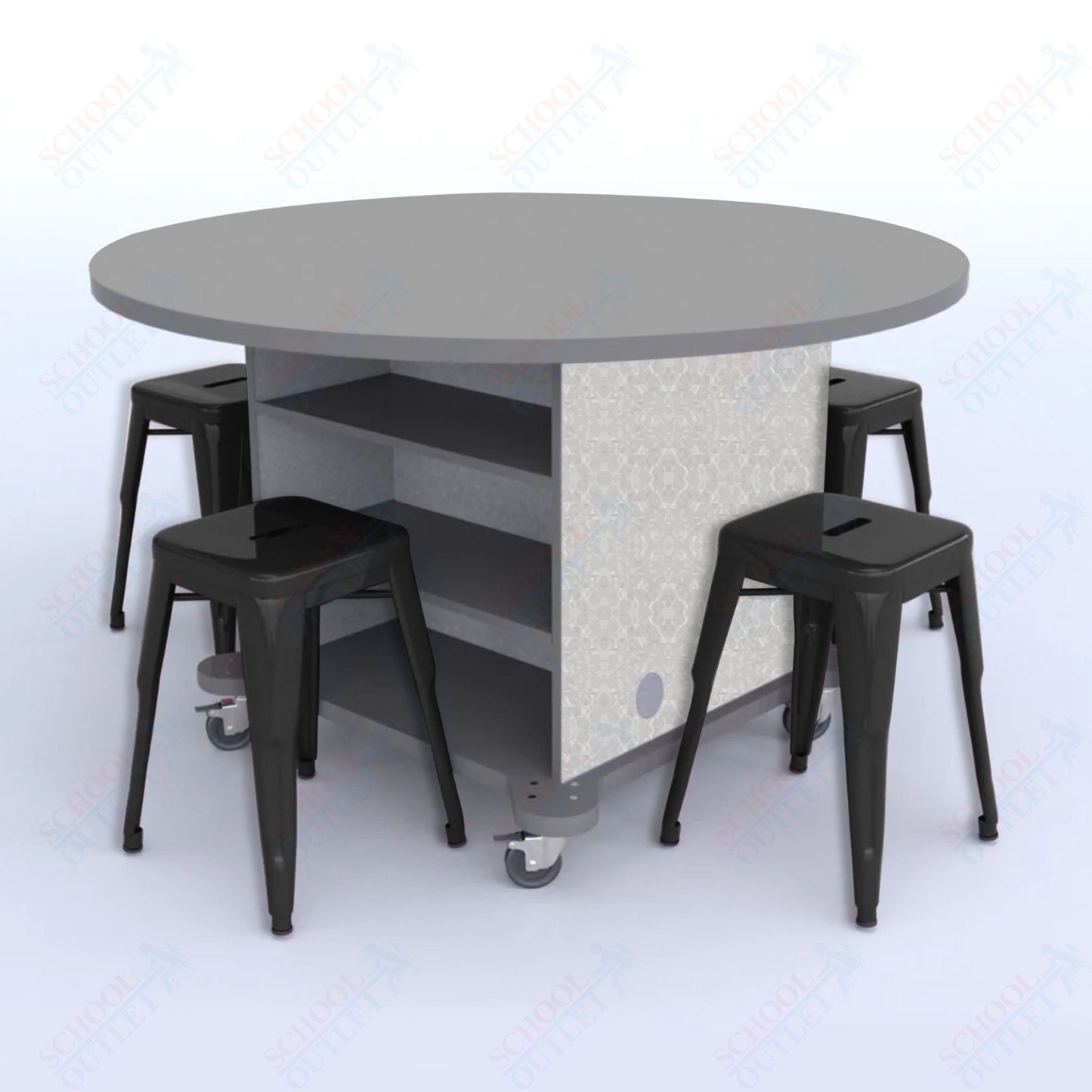 CEF Creation Cube Double-Sided Storage Table - 30"H, High-Pressure Laminate Base and Round Top - 4 Metal Stools Included