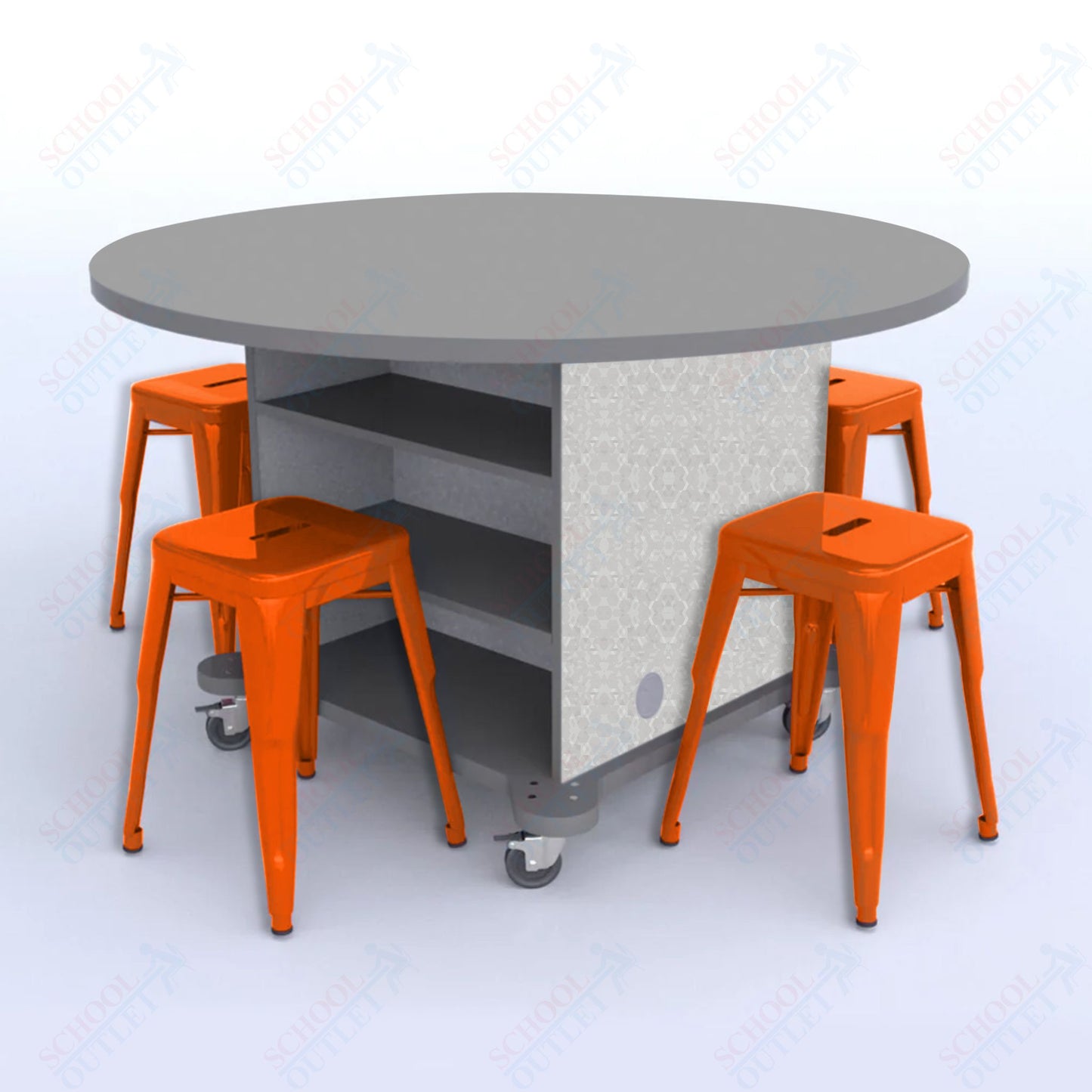 CEF Creation Cube Double-Sided Storage Table - 30"H, High-Pressure Laminate Base and Round Top - 4 Metal Stools Included