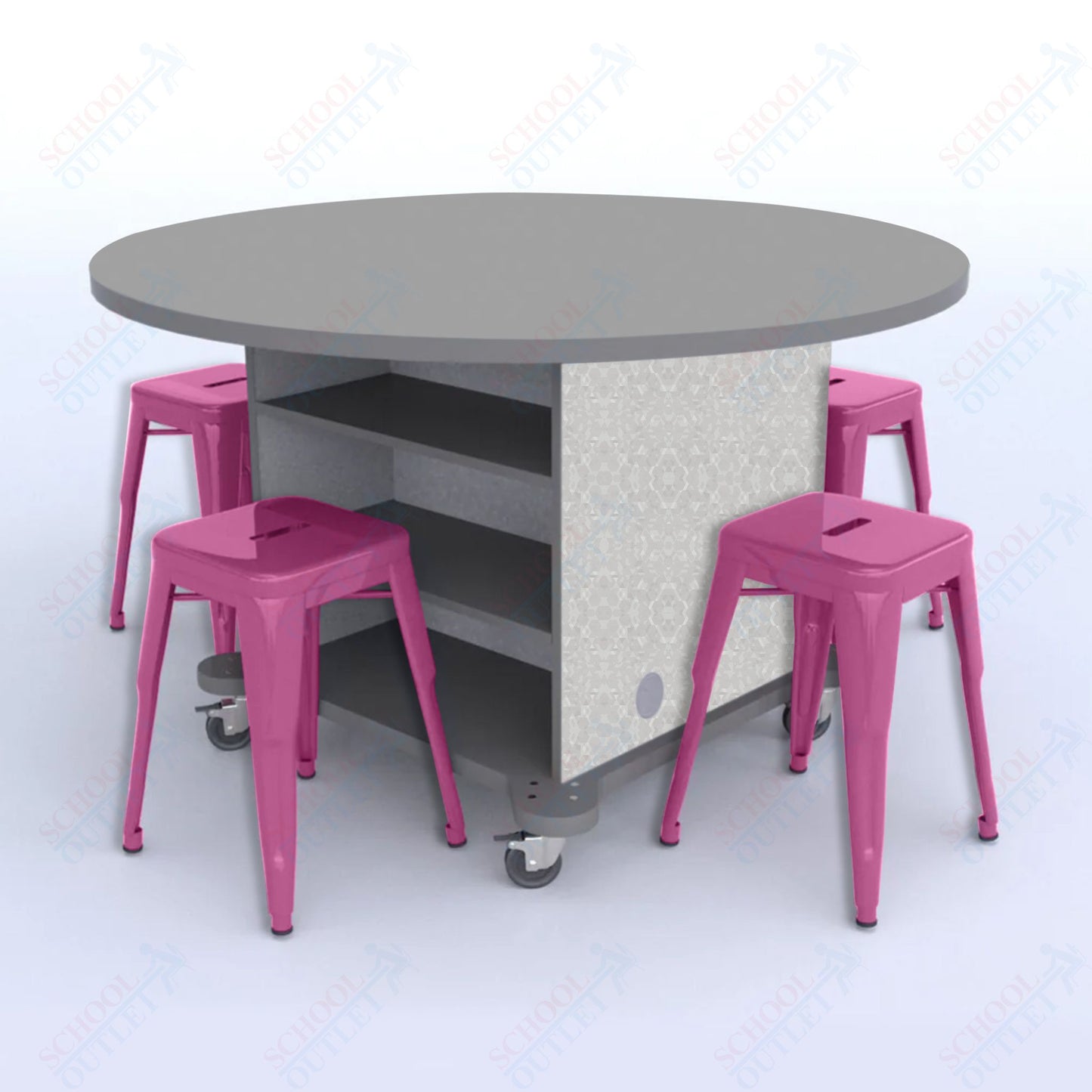 CEF Creation Cube Double-Sided Storage Table - 30"H, High-Pressure Laminate Base and Round Top - 4 Metal Stools Included