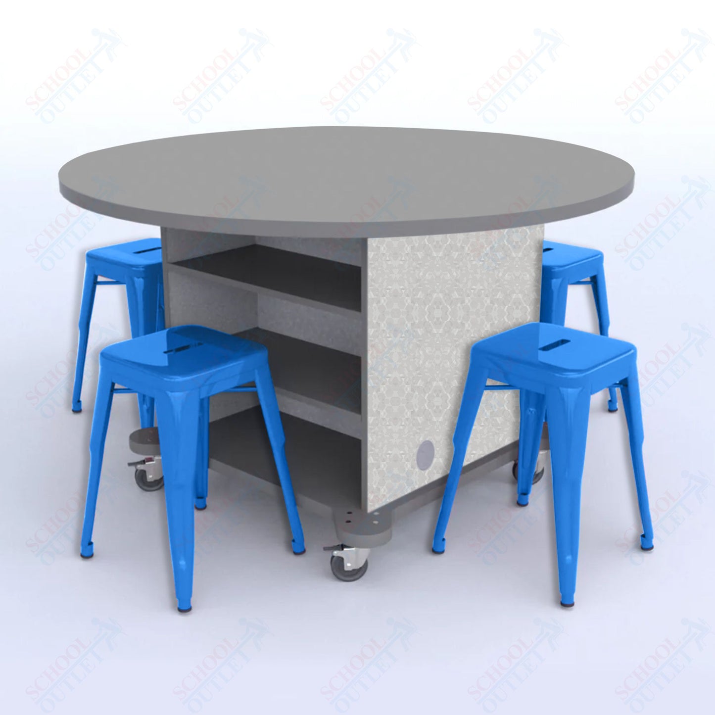 CEF Creation Cube Double-Sided Storage Table - 30"H, High-Pressure Laminate Base and Round Top - 4 Metal Stools Included