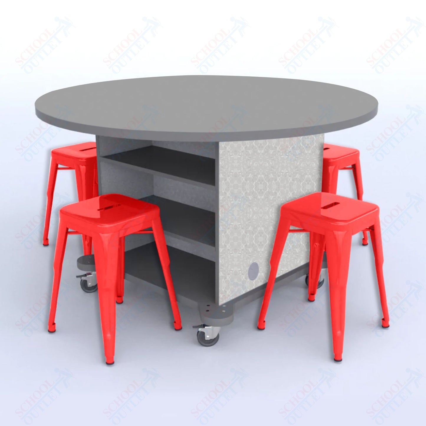 CEF Creation Cube Double-Sided Storage Table - 30"H, High-Pressure Laminate Base and Round Top - 4 Metal Stools Included