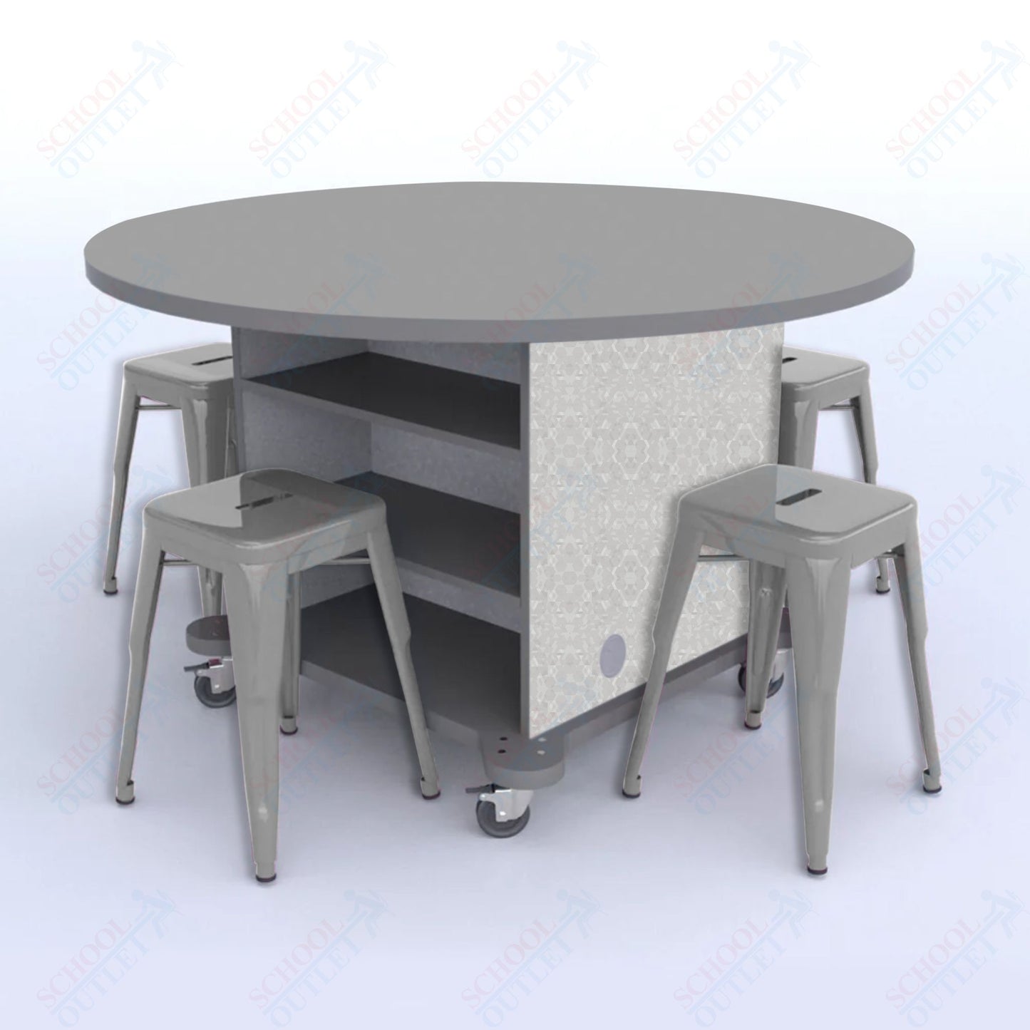 CEF Creation Cube Double-Sided Storage Table - 30"H, High-Pressure Laminate Base and Round Top - 4 Metal Stools Included