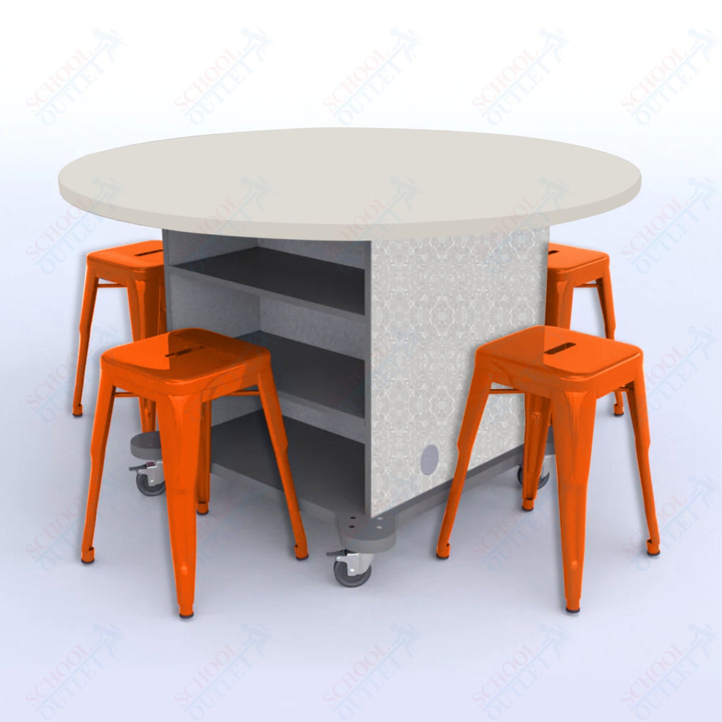CEF Creation Cube Double-Sided Storage Table - 30"H, High-Pressure Laminate Base and Round Top - 4 Metal Stools Included