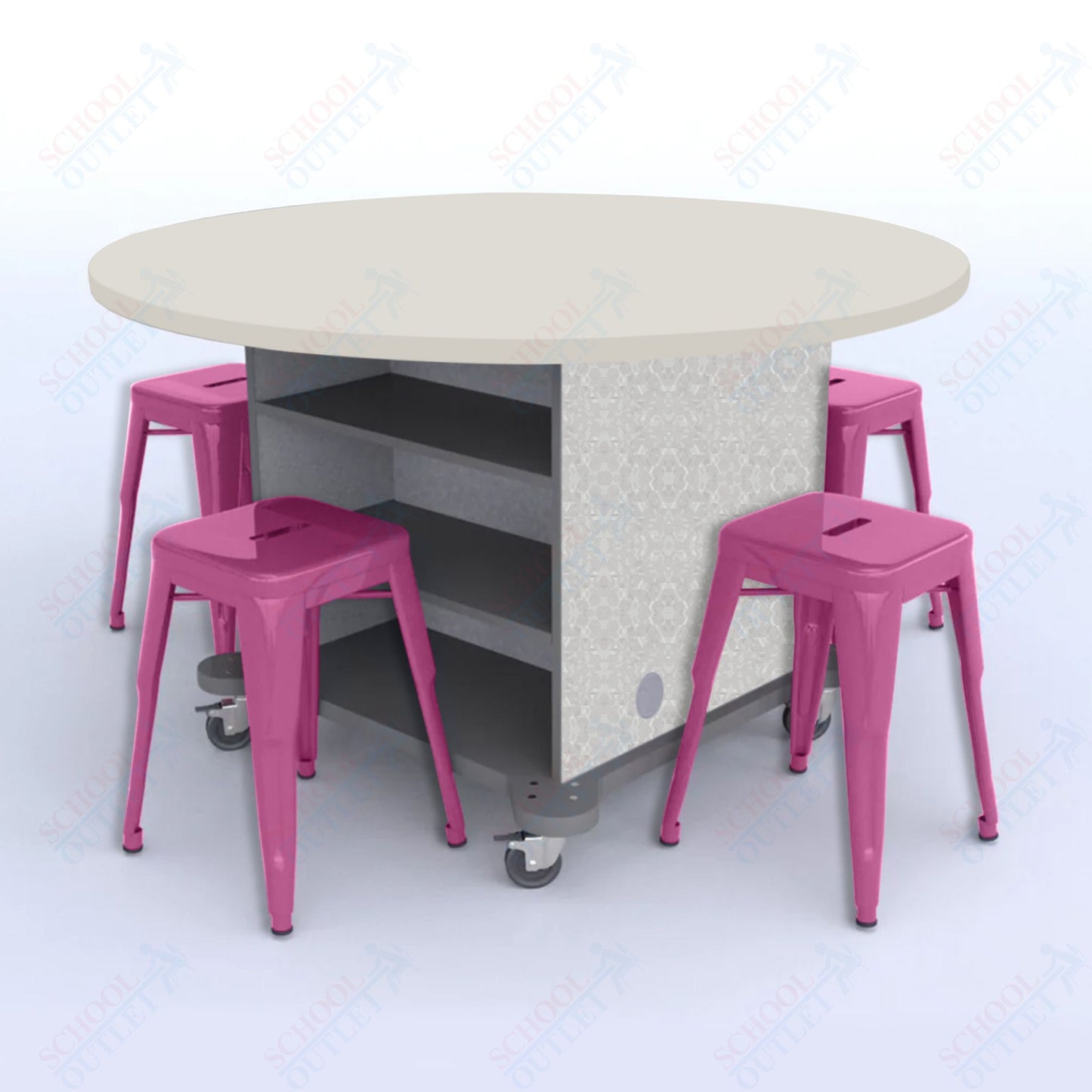 CEF Creation Cube Double-Sided Storage Table - 30"H, High-Pressure Laminate Base and Round Top - 4 Metal Stools Included