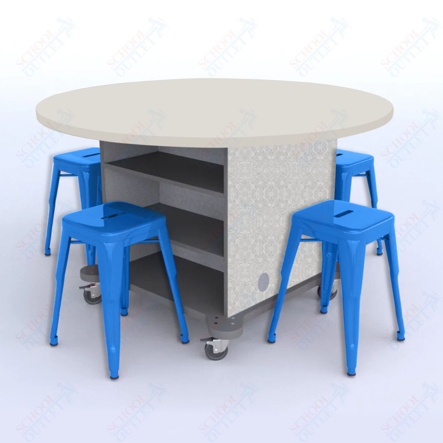 CEF Creation Cube Double-Sided Storage Table - 30"H, High-Pressure Laminate Base and Round Top - 4 Metal Stools Included