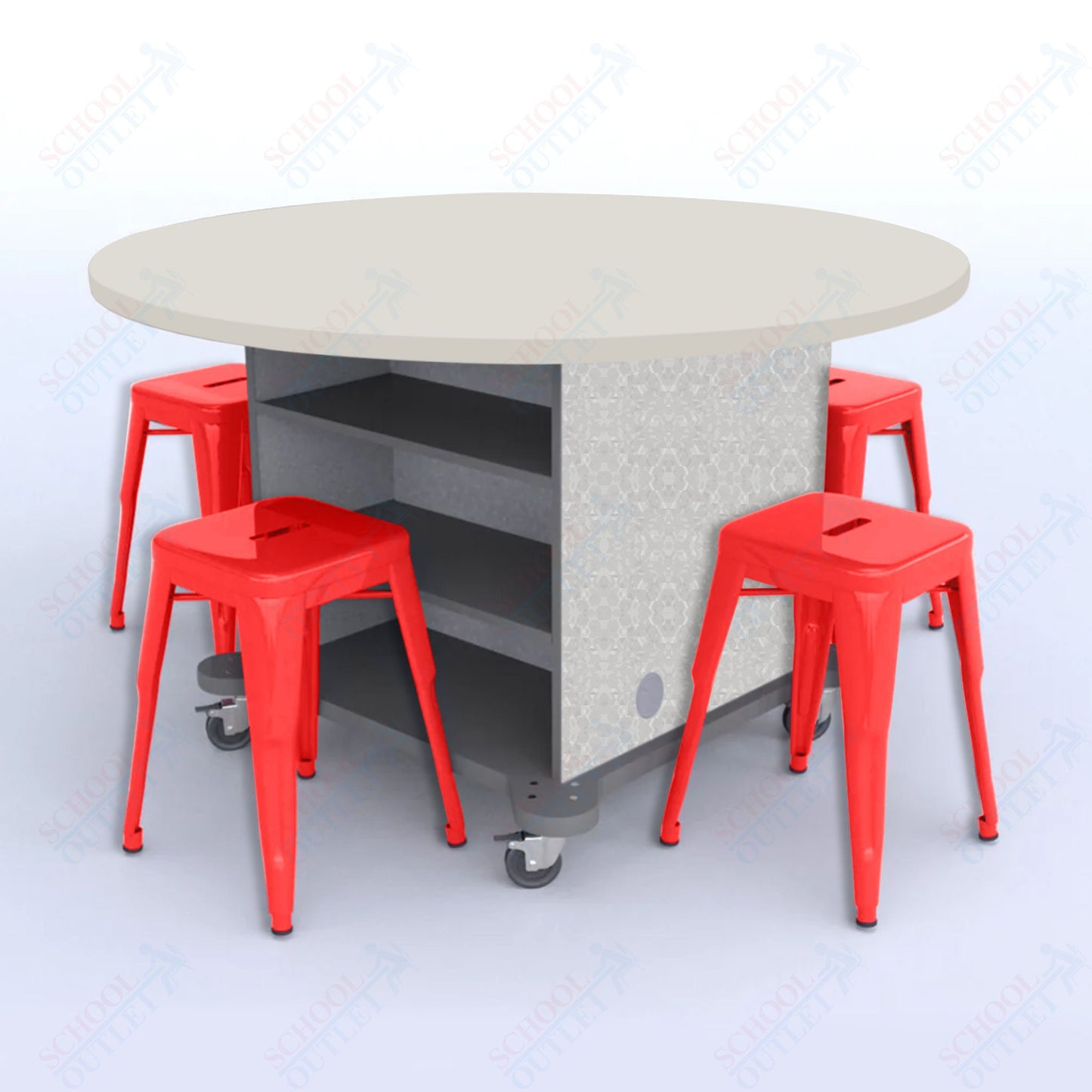 CEF Creation Cube Double-Sided Storage Table - 30"H, High-Pressure Laminate Base and Round Top - 4 Metal Stools Included
