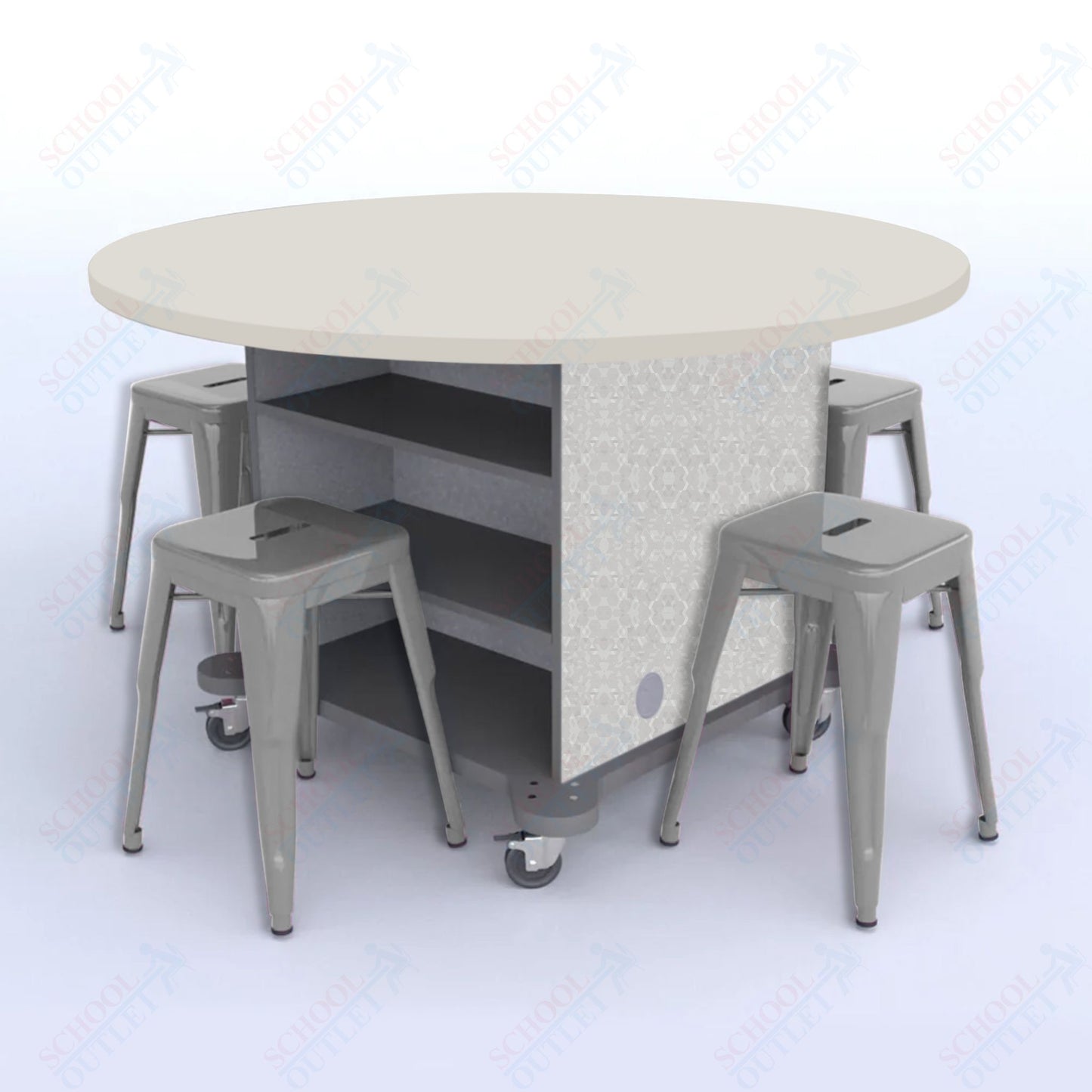 CEF Creation Cube Double-Sided Storage Table - 30"H, High-Pressure Laminate Base and Round Top - 4 Metal Stools Included