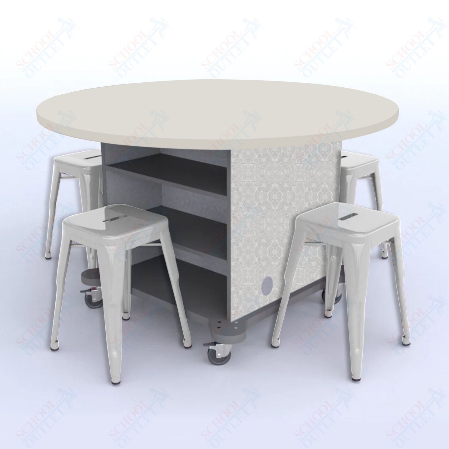 CEF Creation Cube Double-Sided Storage Table - 30"H, High-Pressure Laminate Base and Round Top - 4 Metal Stools Included