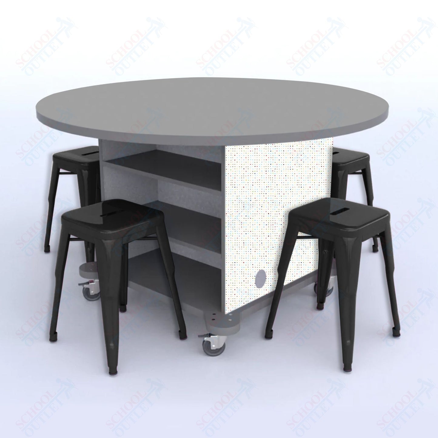 CEF Creation Cube Double-Sided Storage Table - 30"H, High-Pressure Laminate Base and Round Top - 4 Metal Stools Included
