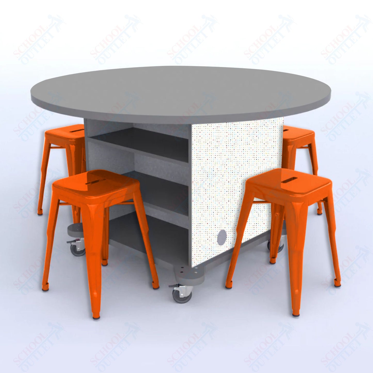 CEF Creation Cube Double-Sided Storage Table - 30"H, High-Pressure Laminate Base and Round Top - 4 Metal Stools Included