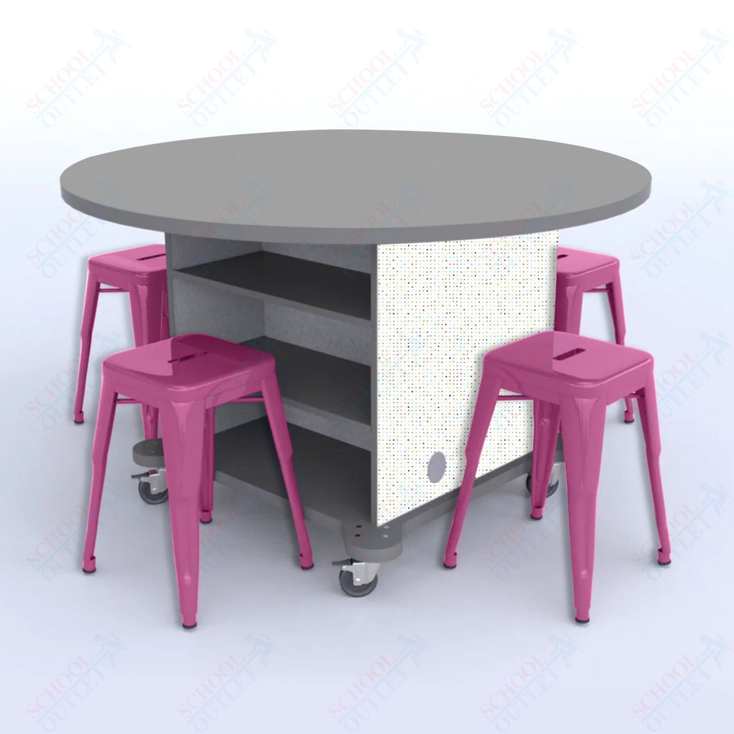 CEF Creation Cube Double-Sided Storage Table - 30"H, High-Pressure Laminate Base and Round Top - 4 Metal Stools Included