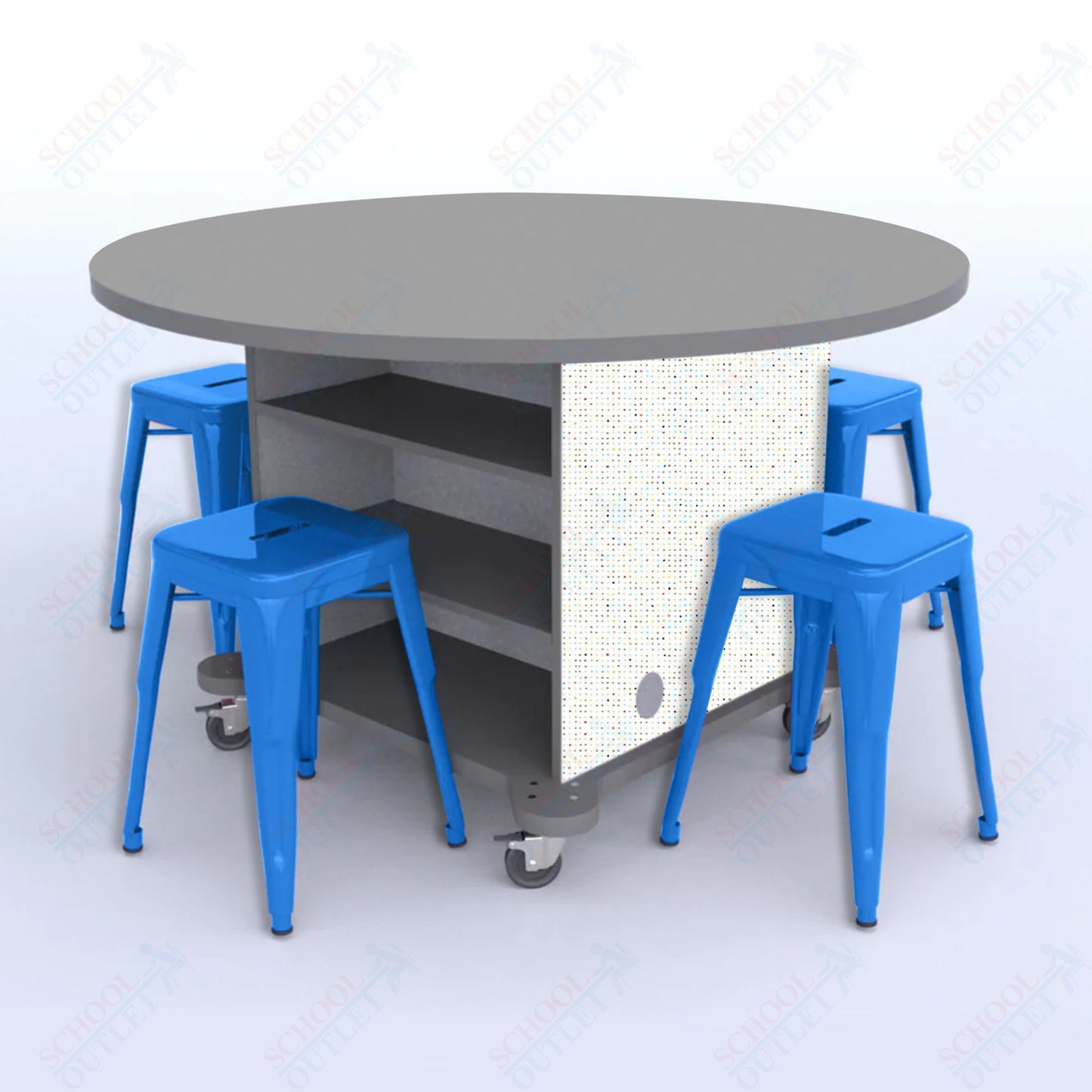 CEF Creation Cube Double-Sided Storage Table - 30"H, High-Pressure Laminate Base and Round Top - 4 Metal Stools Included