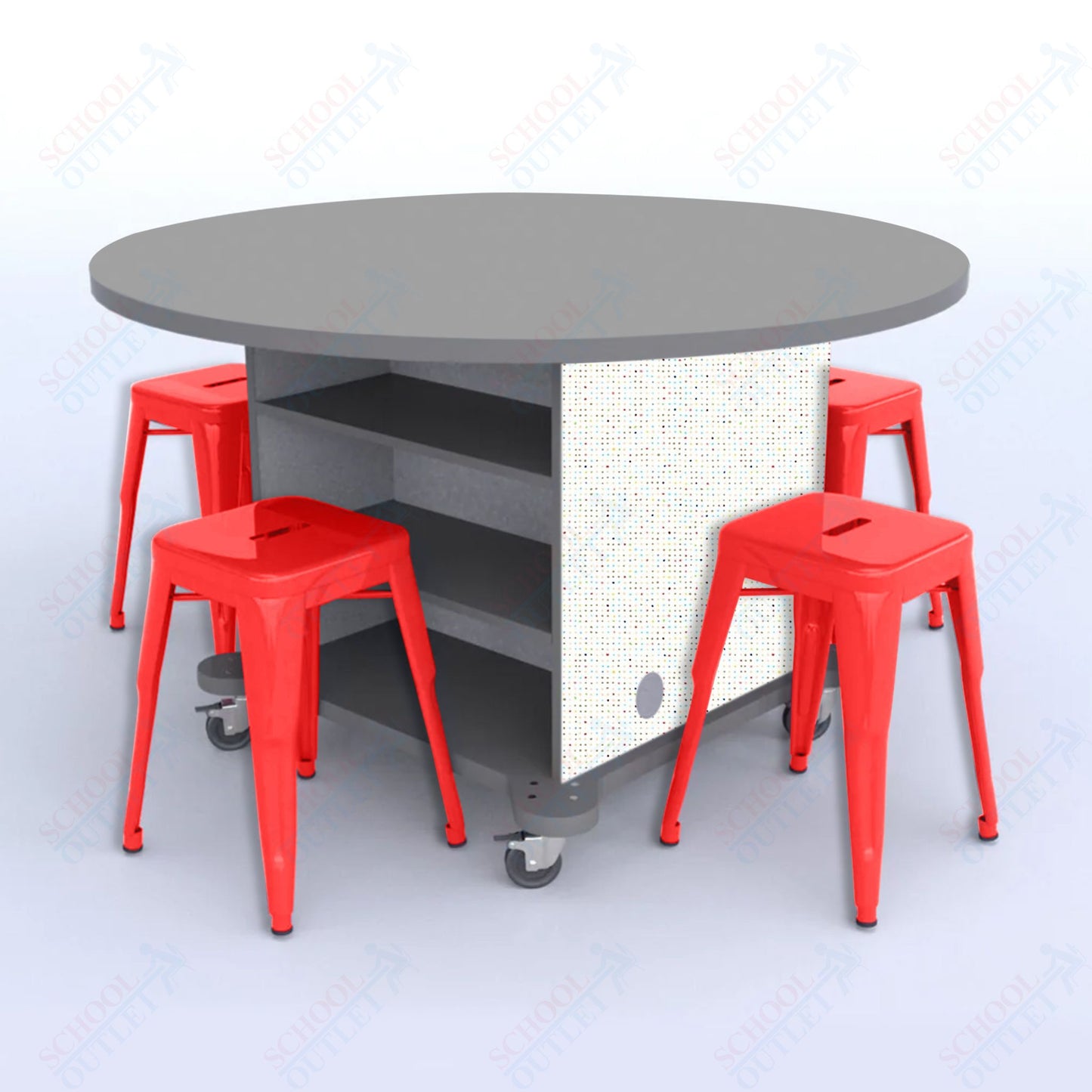 CEF Creation Cube Double-Sided Storage Table - 30"H, High-Pressure Laminate Base and Round Top - 4 Metal Stools Included