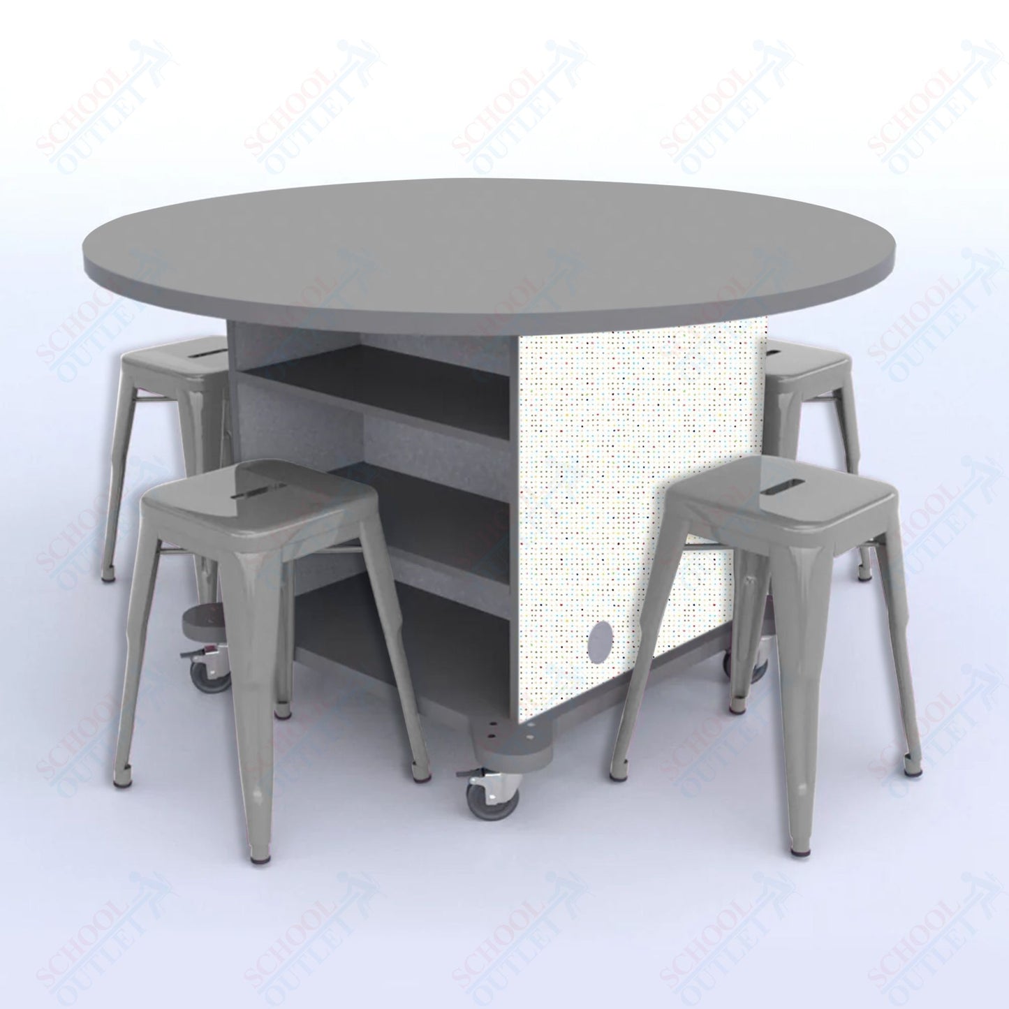 CEF Creation Cube Double-Sided Storage Table - 30"H, High-Pressure Laminate Base and Round Top - 4 Metal Stools Included