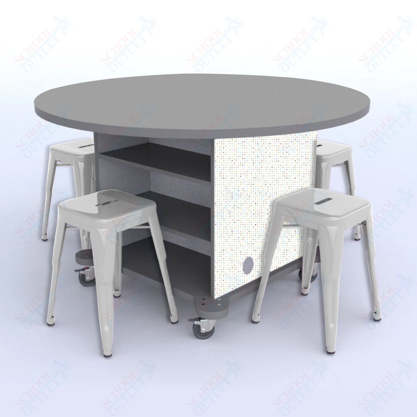CEF Creation Cube Double-Sided Storage Table - 30"H, High-Pressure Laminate Base and Round Top - 4 Metal Stools Included