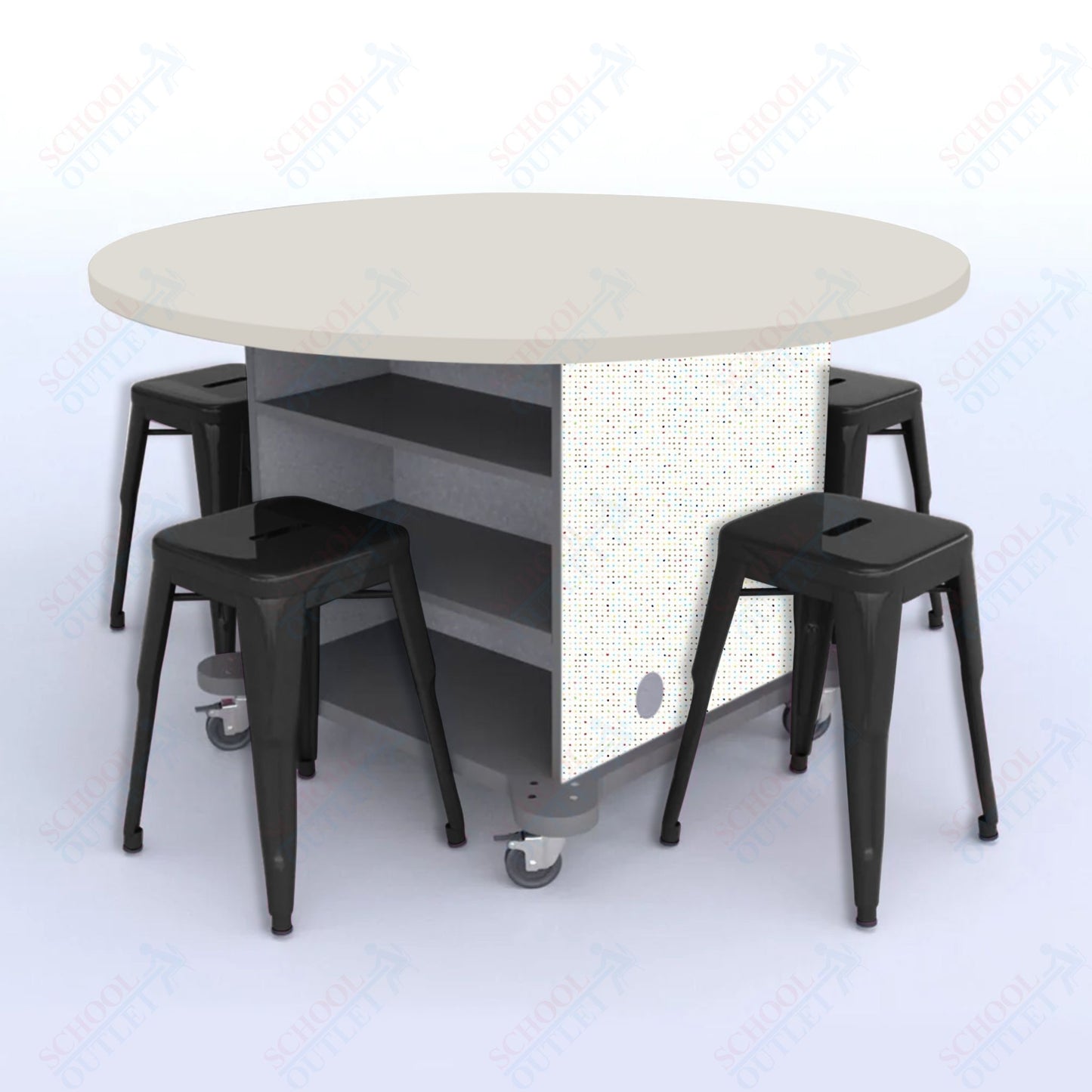 CEF Creation Cube Double-Sided Storage Table - 30"H, High-Pressure Laminate Base and Round Top - 4 Metal Stools Included