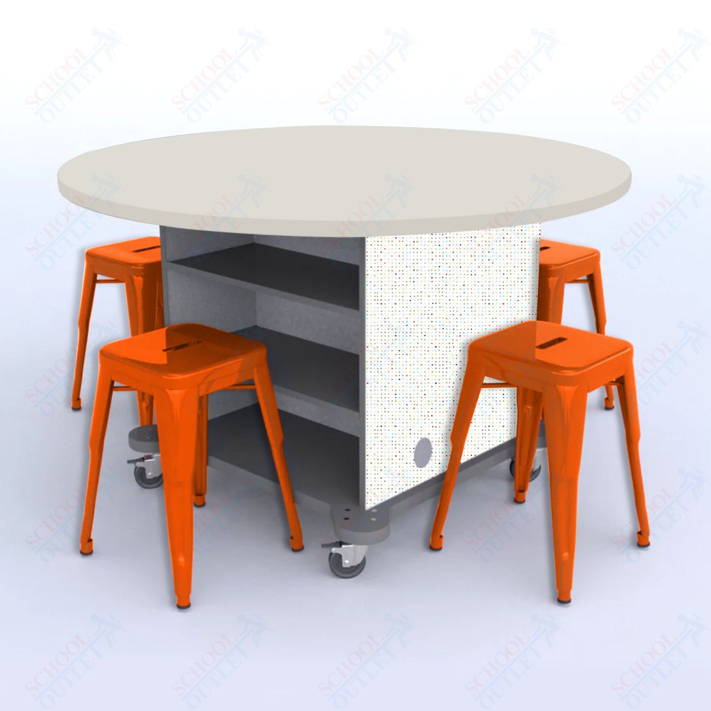 CEF Creation Cube Double-Sided Storage Table - 30"H, High-Pressure Laminate Base and Round Top - 4 Metal Stools Included