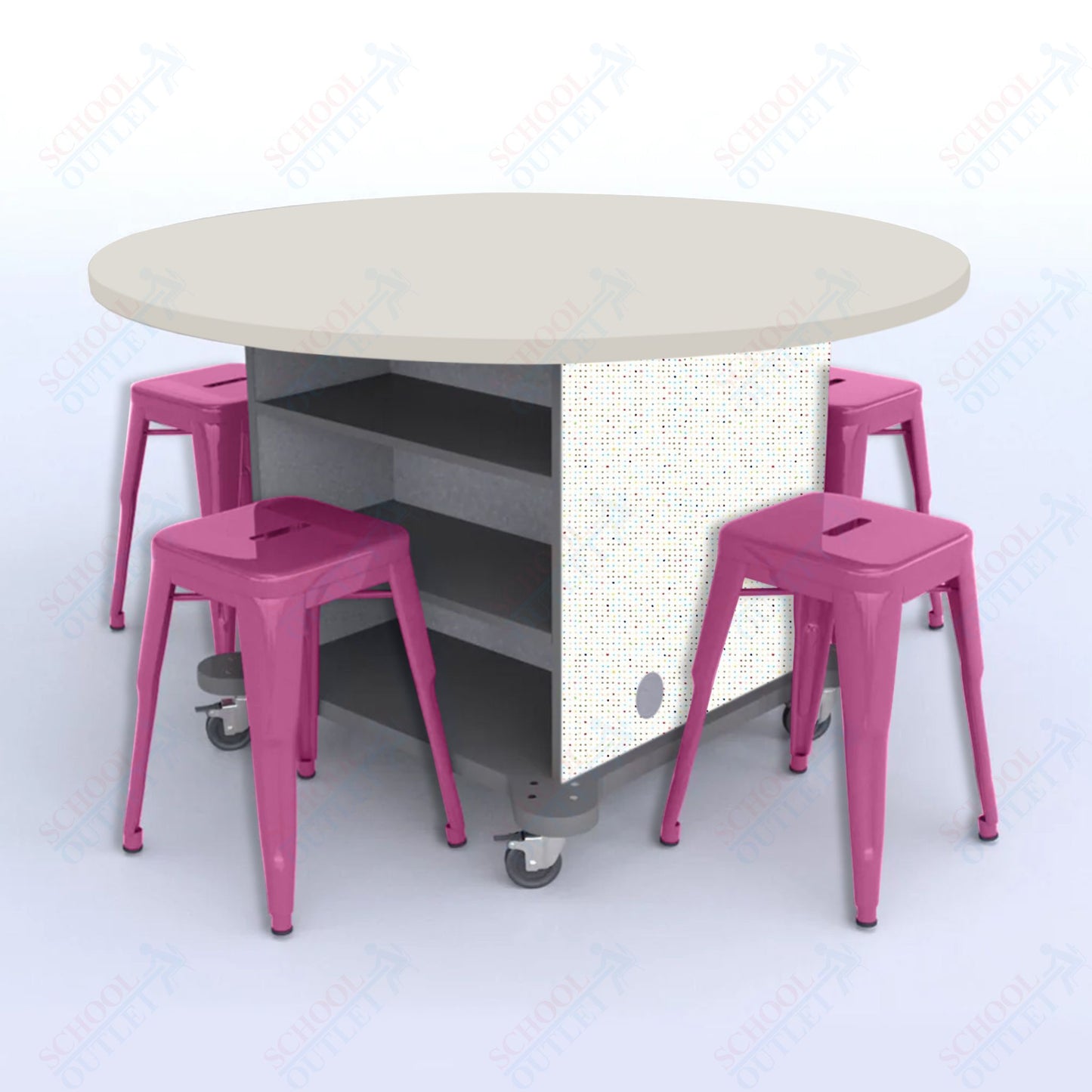 CEF Creation Cube Double-Sided Storage Table - 30"H, High-Pressure Laminate Base and Round Top - 4 Metal Stools Included