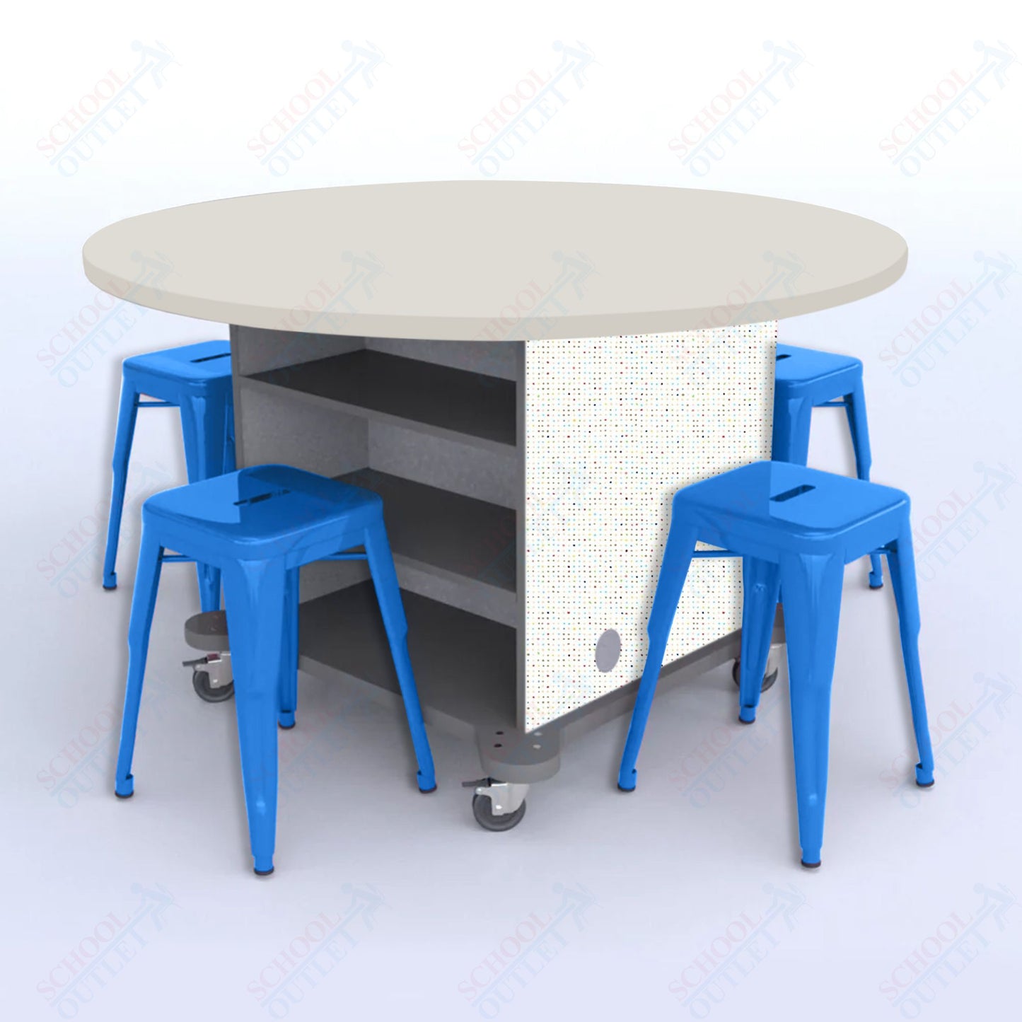 CEF Creation Cube Double-Sided Storage Table - 30"H, High-Pressure Laminate Base and Round Top - 4 Metal Stools Included