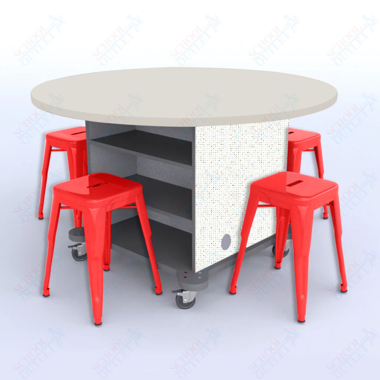 CEF Creation Cube Double-Sided Storage Table - 30"H, High-Pressure Laminate Base and Round Top - 4 Metal Stools Included